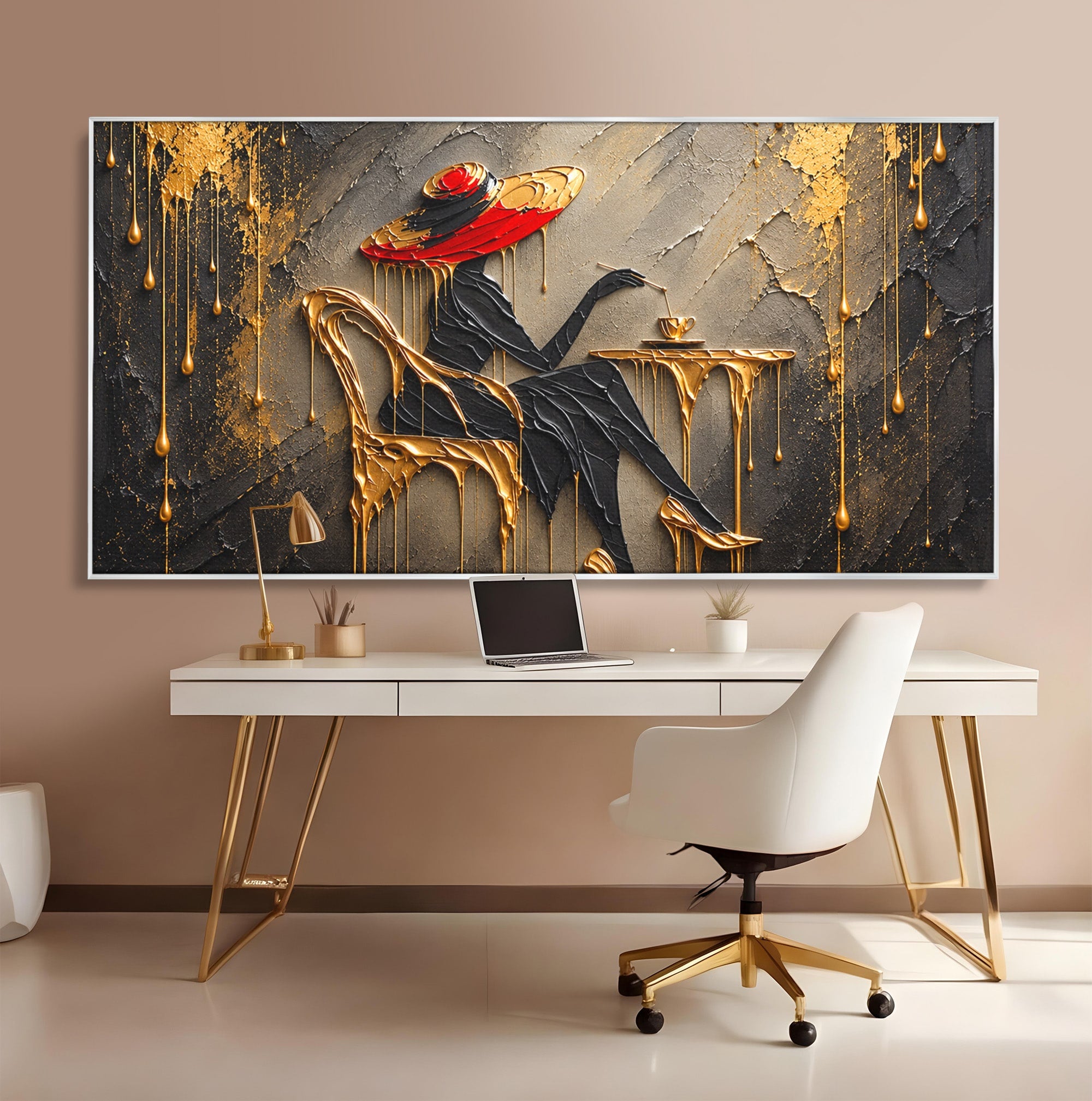 Tablou Canvas Premium LuxCanva® U1226, Doamna Eleganta La Cafenea, Doamna, Cafenea, Eleganta, Contemporan, Living, Culori Vibrante