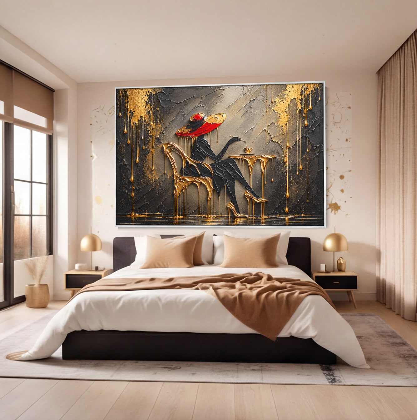Tablou Canvas Premium LuxCanva® U1226, Doamna Eleganta La Cafenea, Doamna, Cafenea, Eleganta, Contemporan, Living, Culori Vibrante