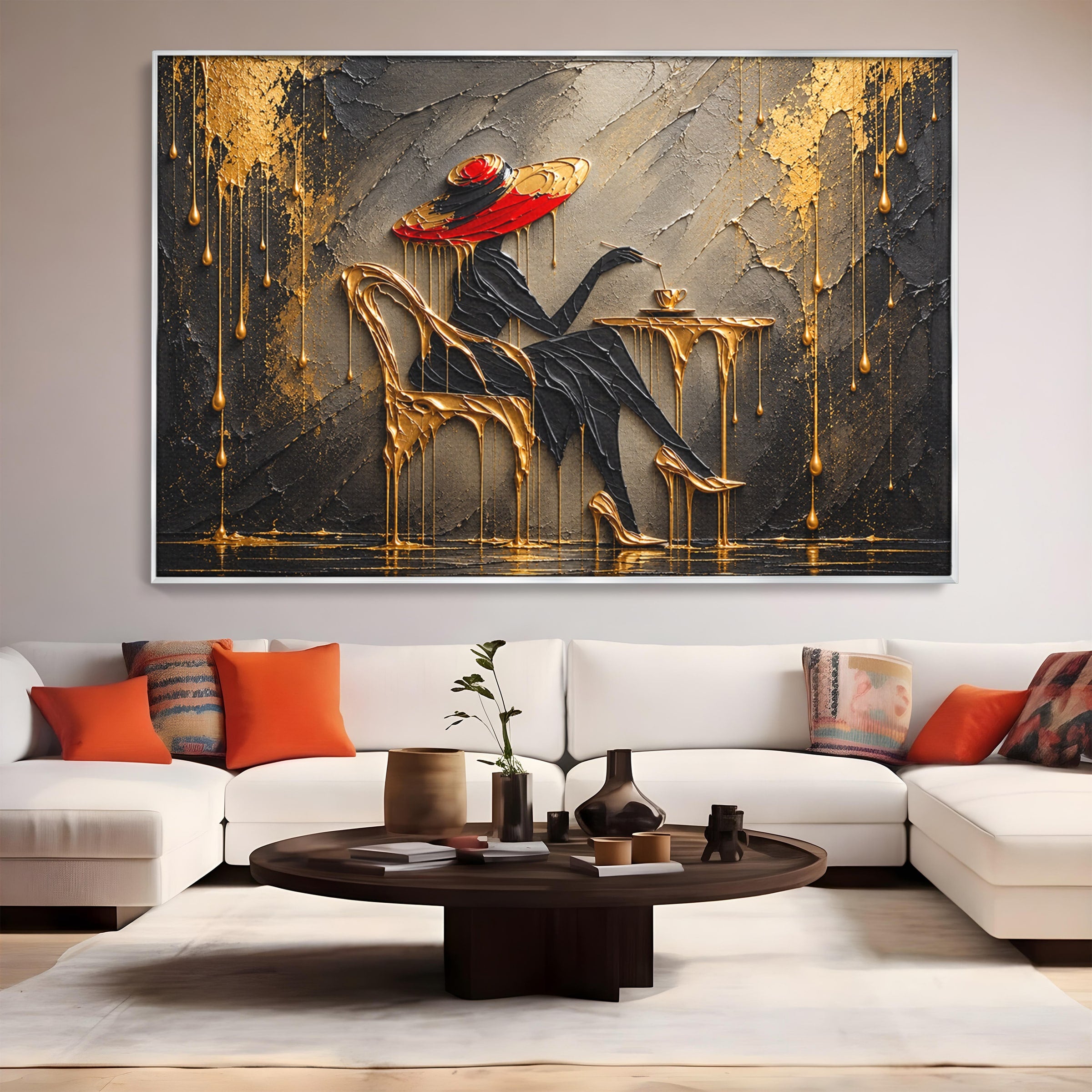 Tablou Canvas Premium LuxCanva® U1226, Doamna Eleganta La Cafenea, Doamna, Cafenea, Eleganta, Contemporan, Living, Culori Vibrante