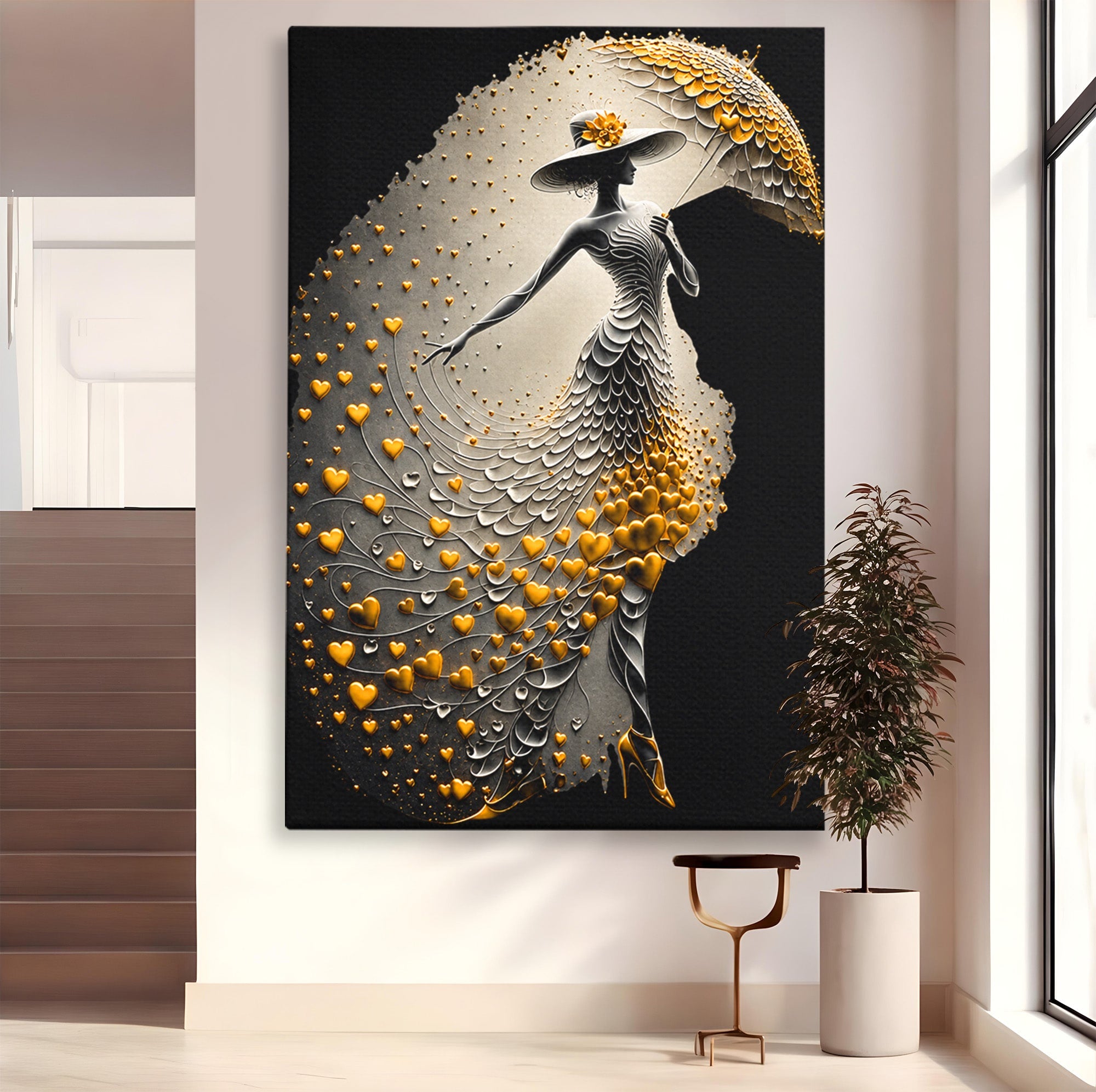 Tablou Canvas Premium LuxCanva® U1227, Eleganta Cu Umbrela, Moda, Umbrela, Inima, Eleganta, Dormitor, Culori Vibrante