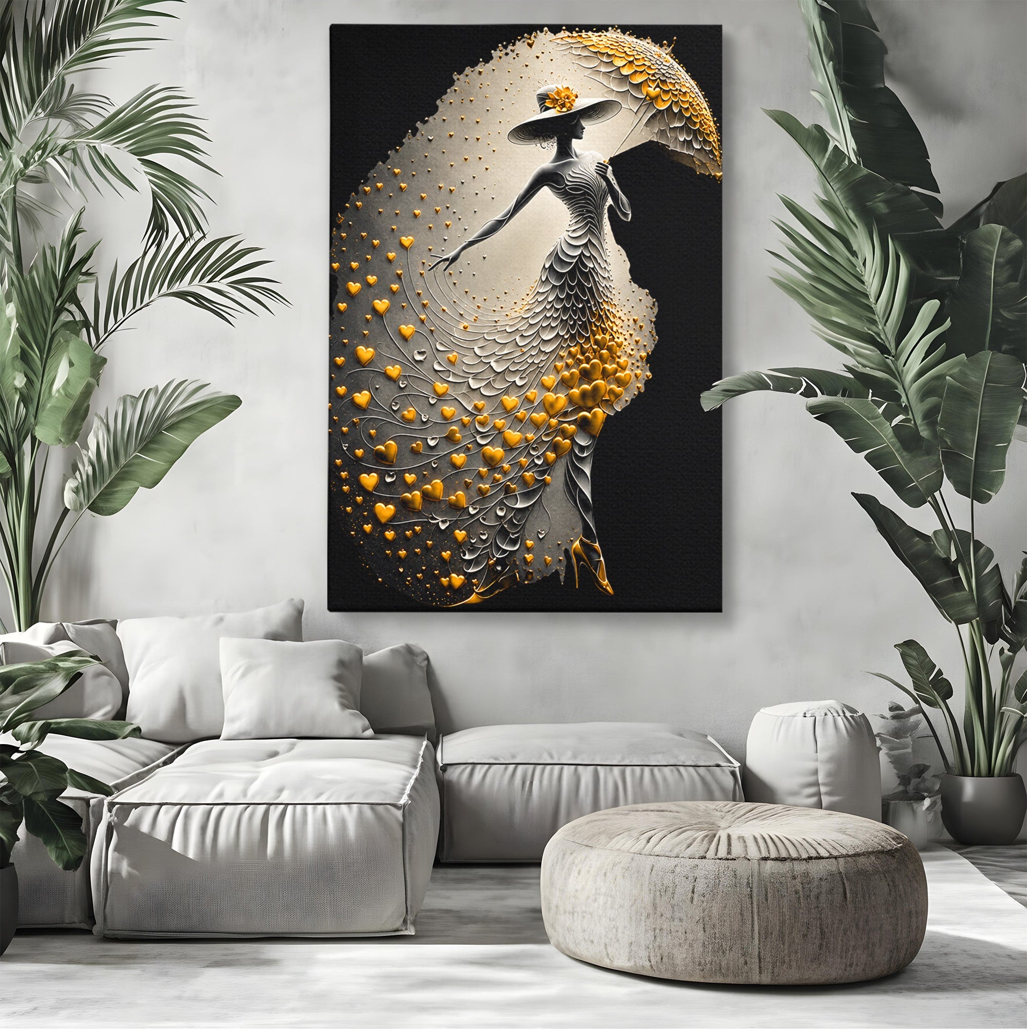 Tablou Canvas Premium LuxCanva® U1227, Eleganta Cu Umbrela, Moda, Umbrela, Inima, Eleganta, Dormitor, Culori Vibrante
