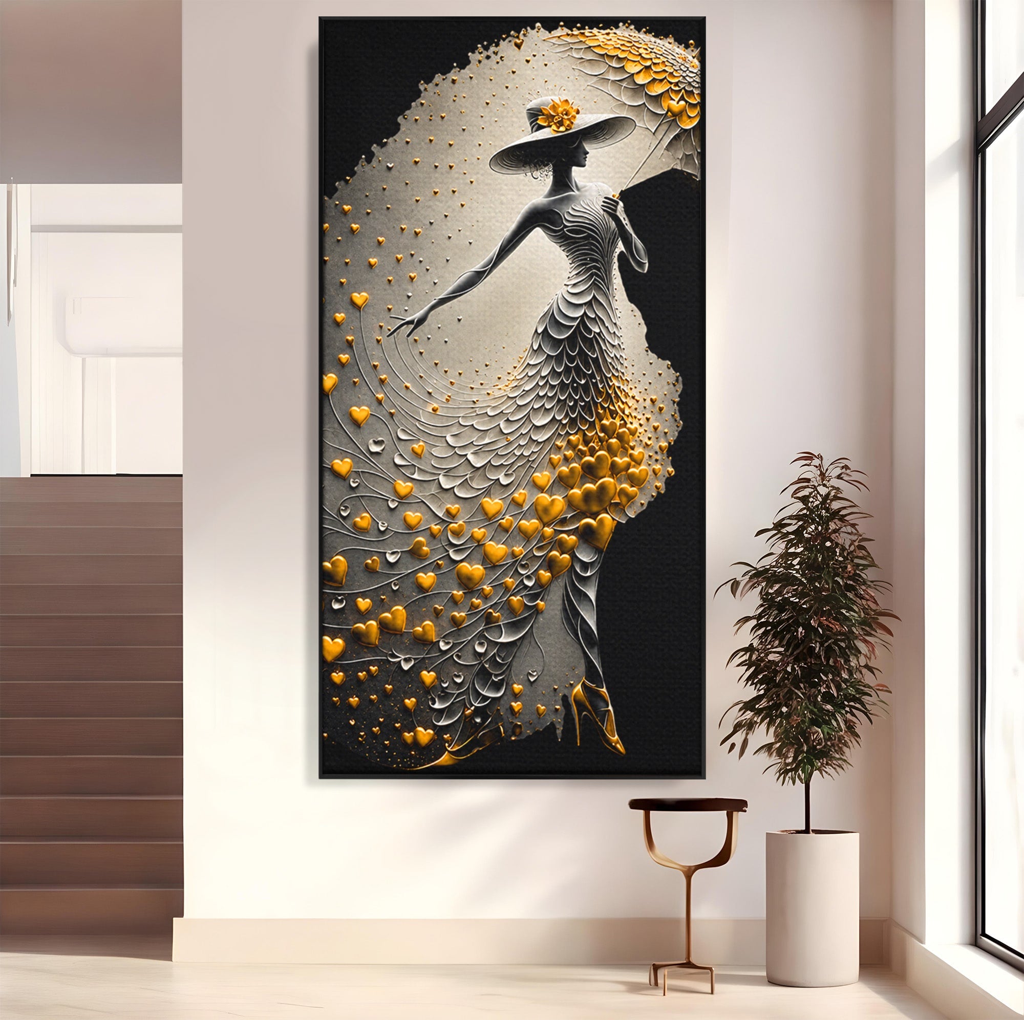 Tablou Canvas Premium LuxCanva® U1227, Eleganta Cu Umbrela, Moda, Umbrela, Inima, Eleganta, Dormitor, Culori Vibrante