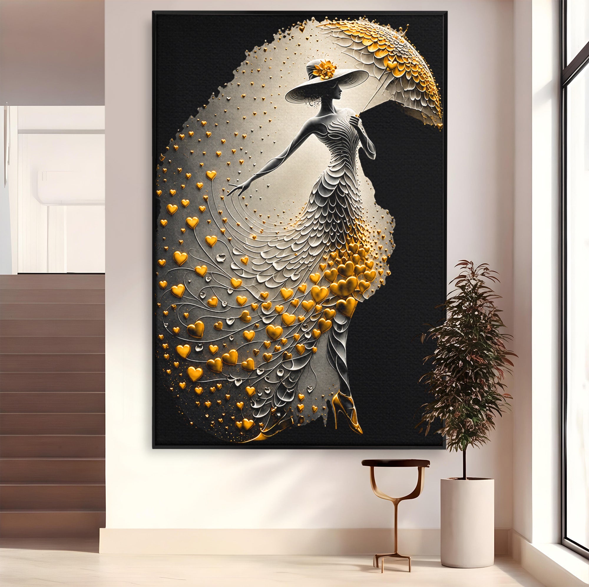 Tablou Canvas Premium LuxCanva® U1227, Eleganta Cu Umbrela, Moda, Umbrela, Inima, Eleganta, Dormitor, Culori Vibrante