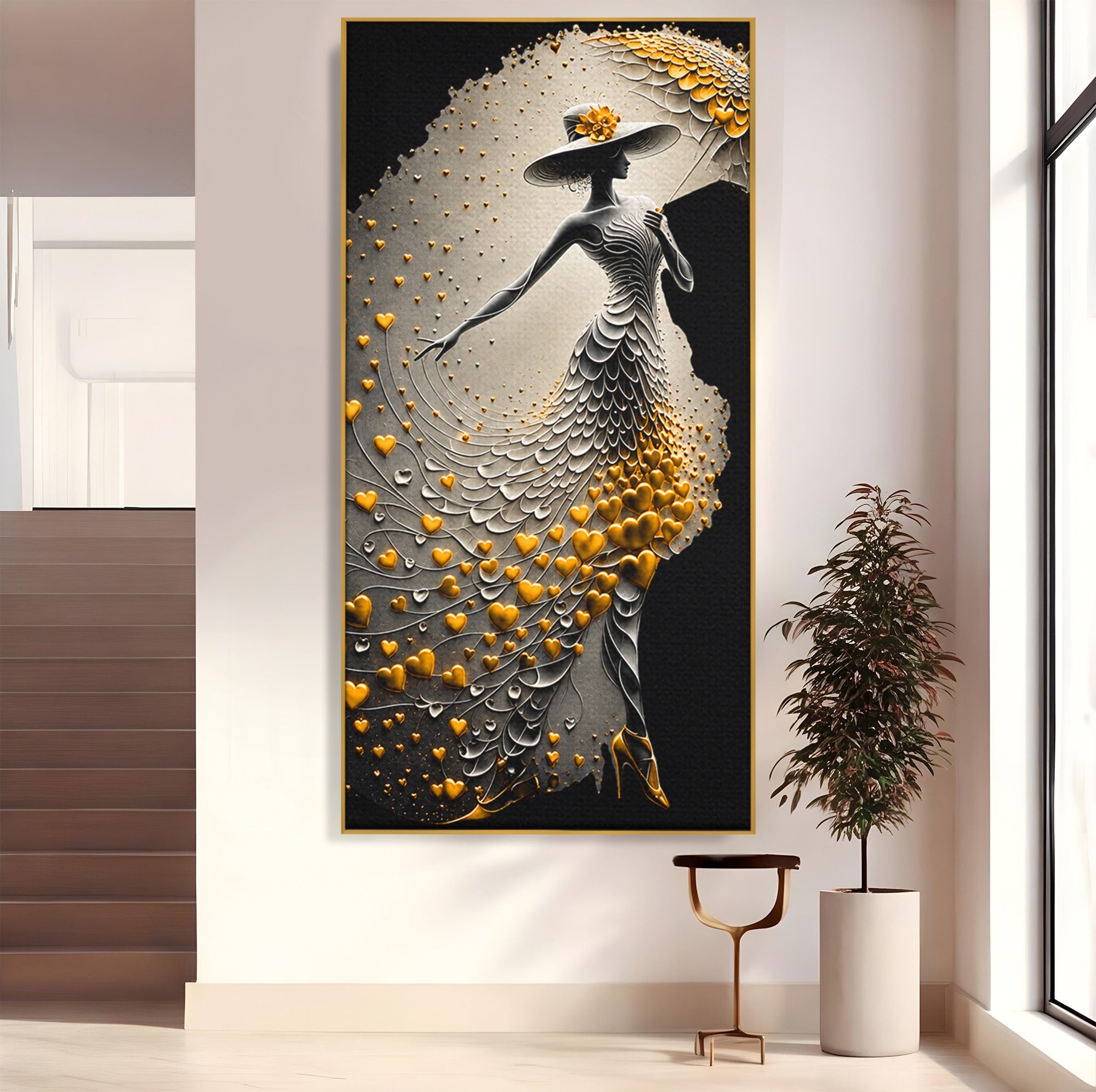 Tablou Canvas Premium LuxCanva® U1227, Eleganta Cu Umbrela, Moda, Umbrela, Inima, Eleganta, Dormitor, Culori Vibrante