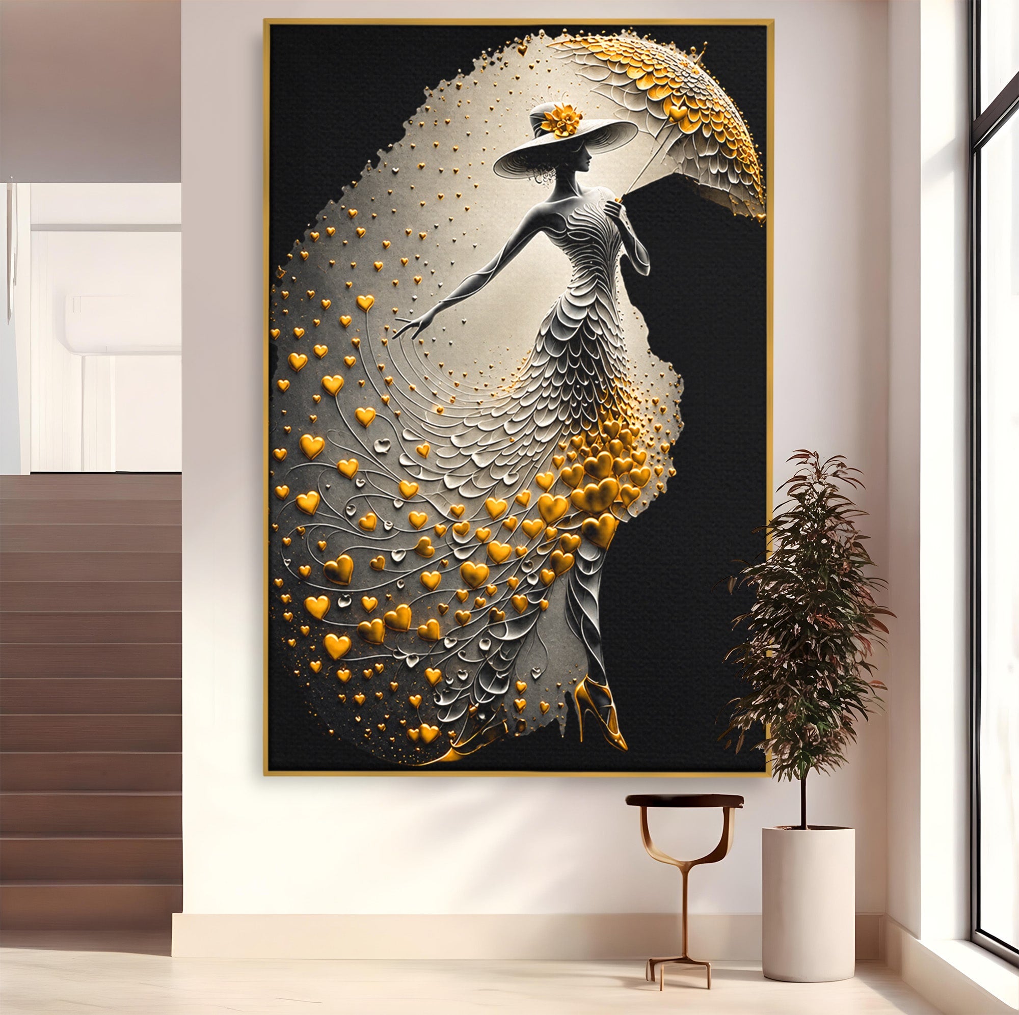Tablou Canvas Premium LuxCanva® U1227, Eleganta Cu Umbrela, Moda, Umbrela, Inima, Eleganta, Dormitor, Culori Vibrante