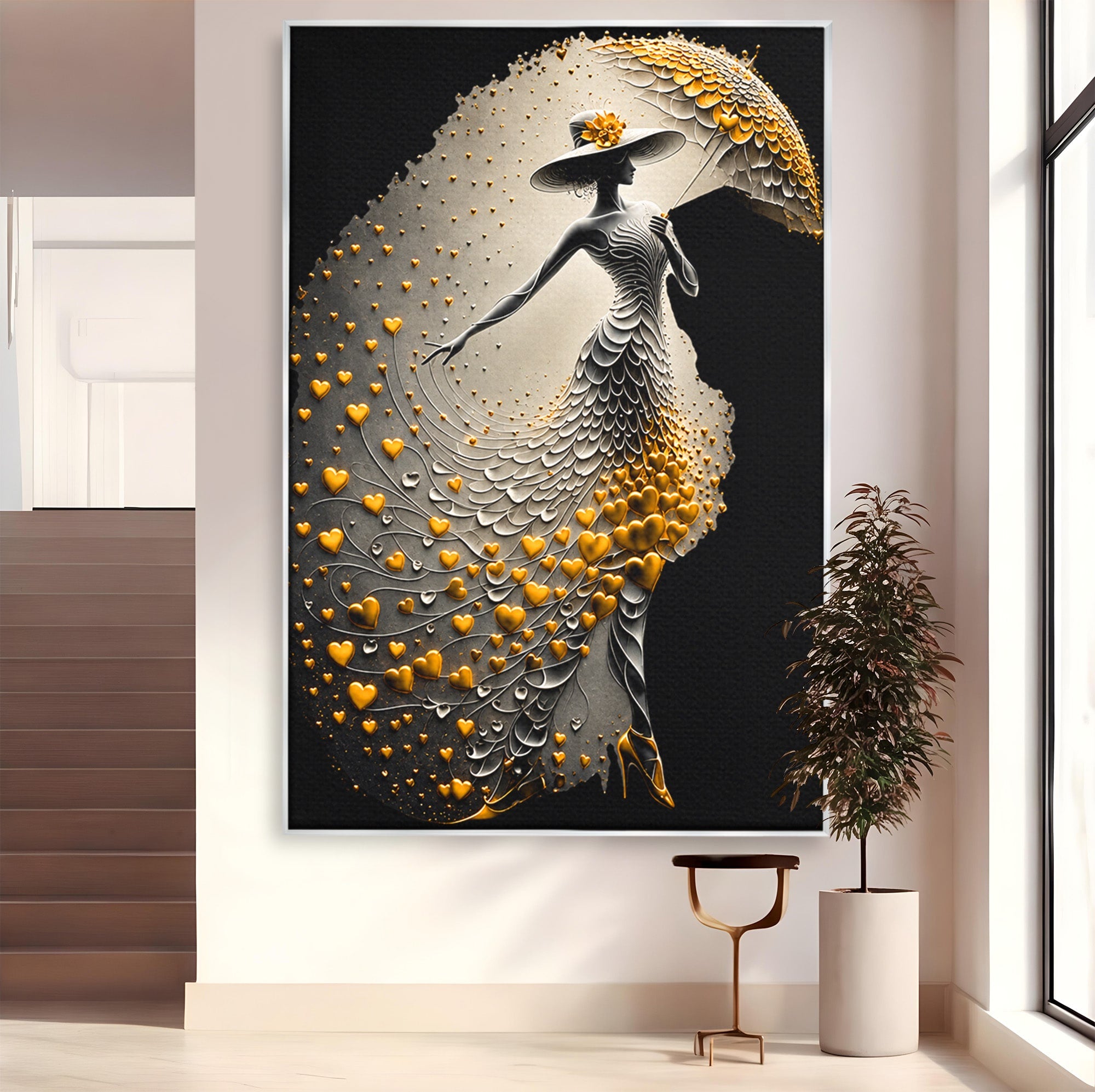 Tablou Canvas Premium LuxCanva® U1227, Eleganta Cu Umbrela, Moda, Umbrela, Inima, Eleganta, Dormitor, Culori Vibrante