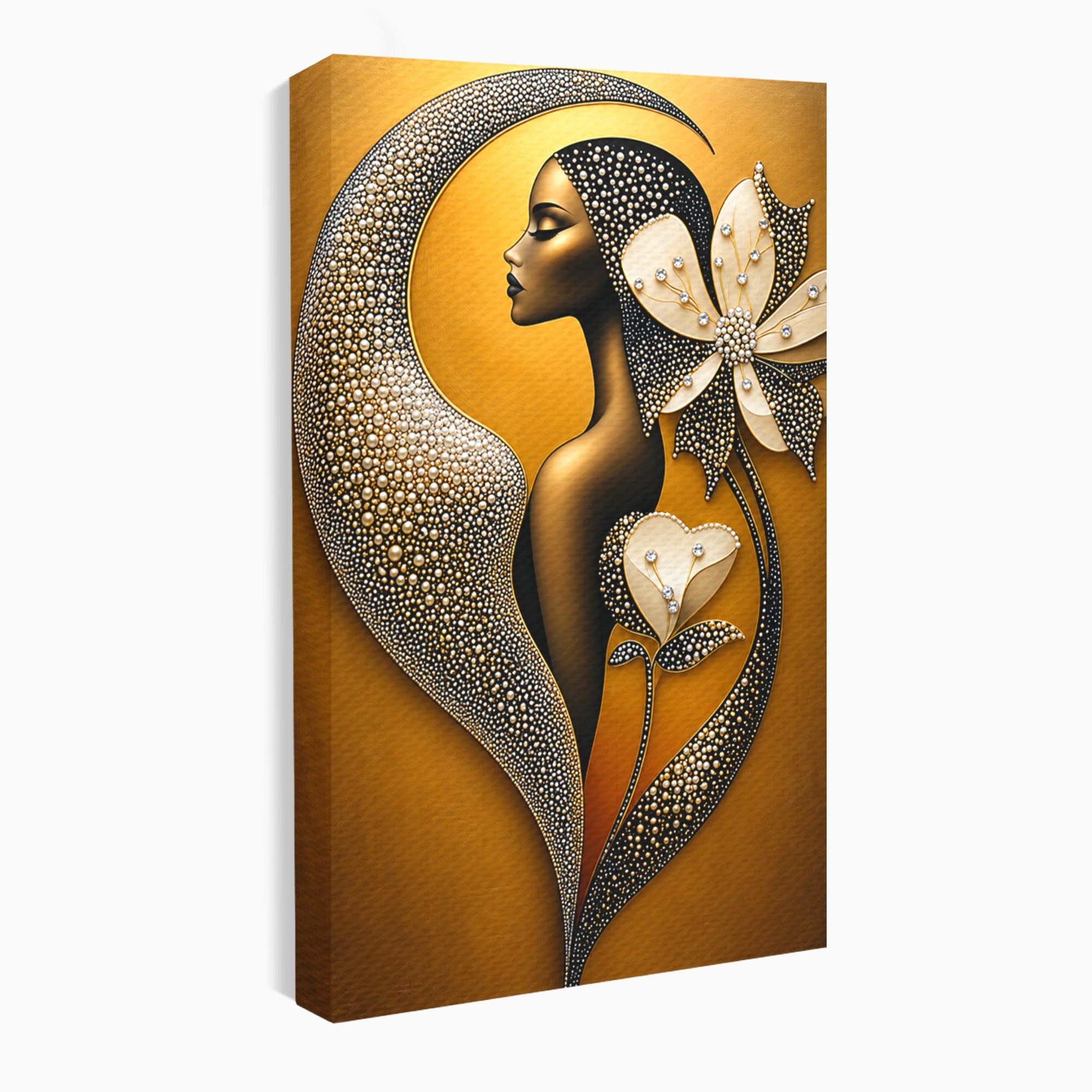 Tablou Canvas Premium LuxCanva® U1228, Femeie Cu Flori Perlate, Flori, Arta Abstracta, Eleganta, Femeie, Dormitor, Culori Vibrante