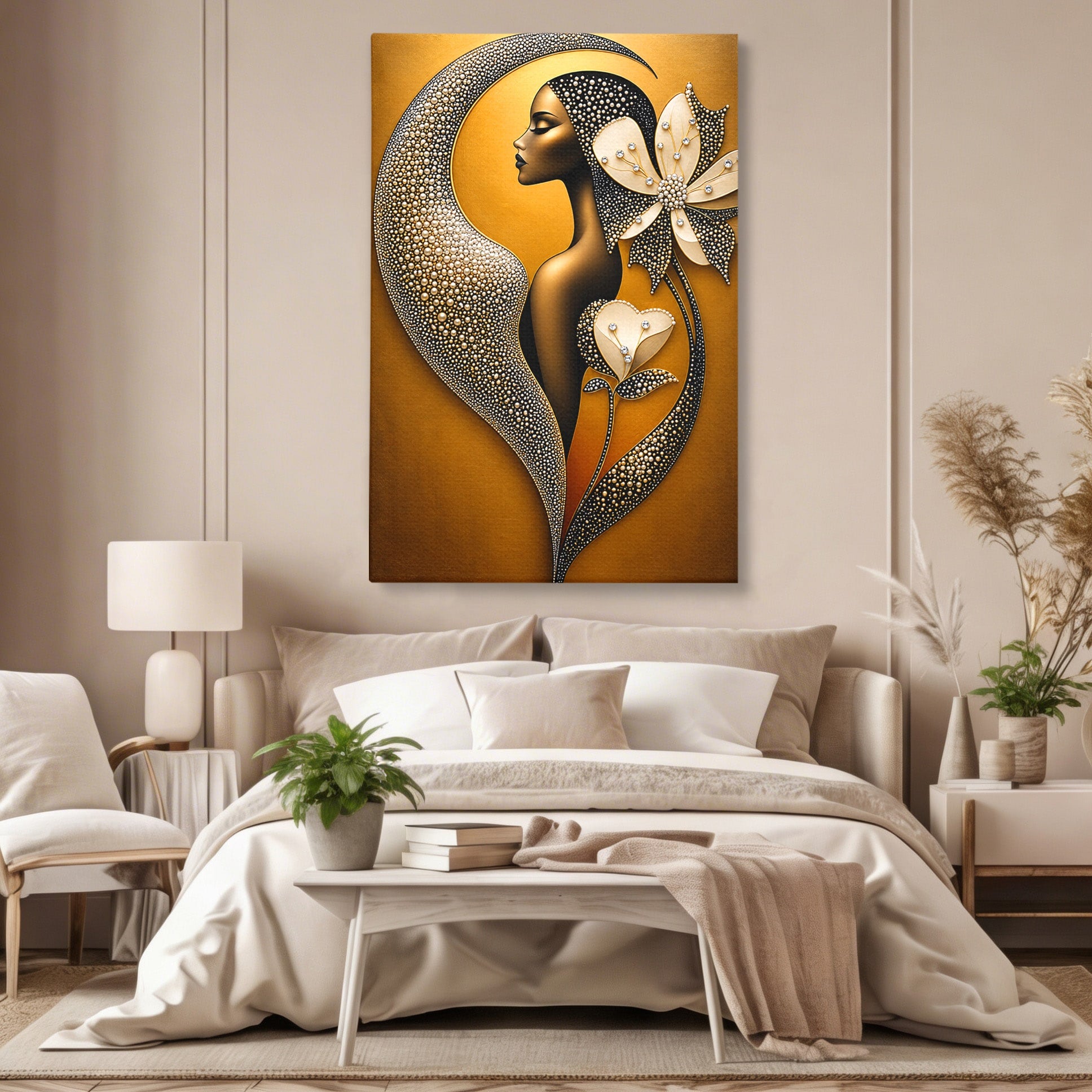 Tablou Canvas Premium LuxCanva® U1228, Femeie Cu Flori Perlate, Flori, Arta Abstracta, Eleganta, Femeie, Dormitor, Culori Vibrante