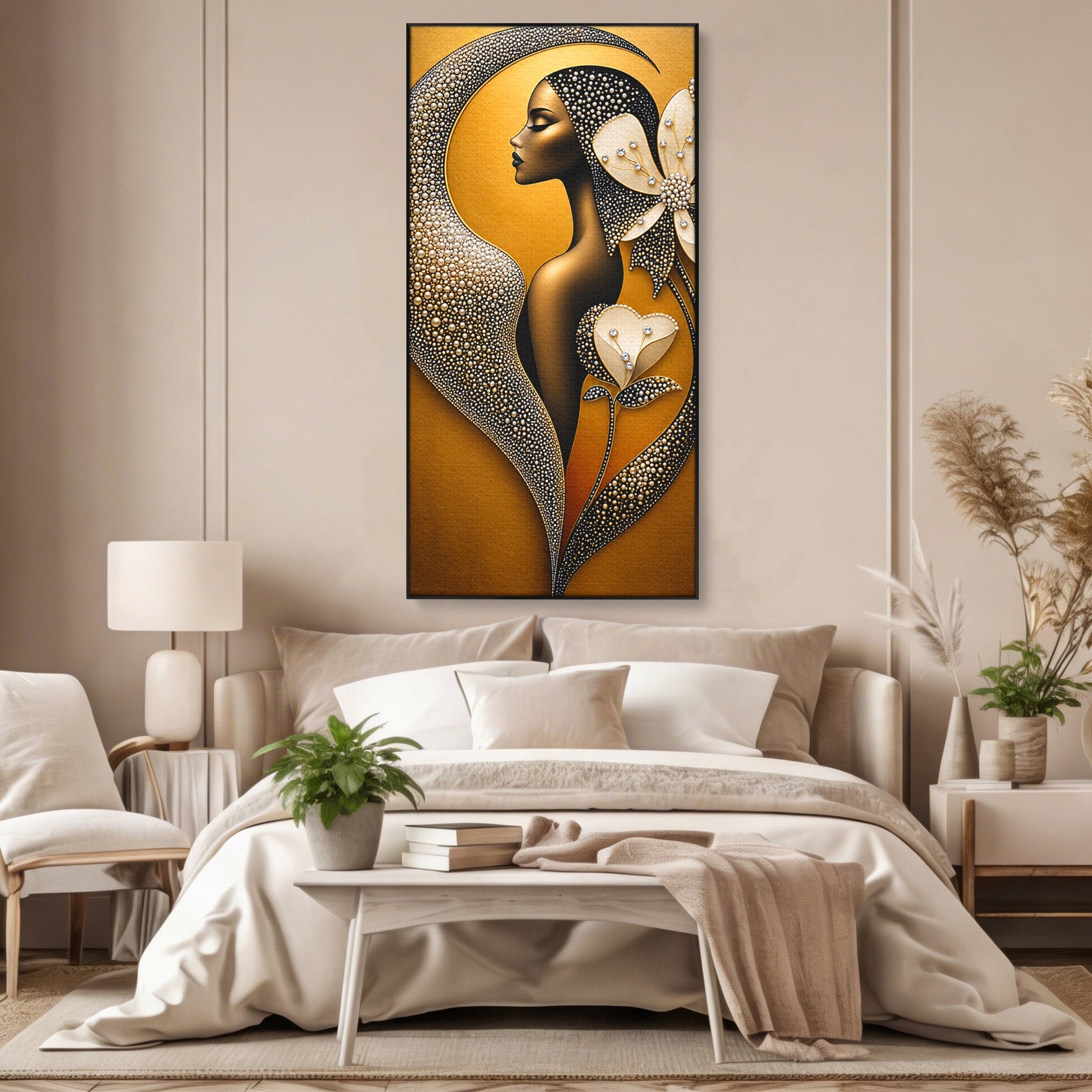 Tablou Canvas Premium LuxCanva® U1228, Femeie Cu Flori Perlate, Flori, Arta Abstracta, Eleganta, Femeie, Dormitor, Culori Vibrante