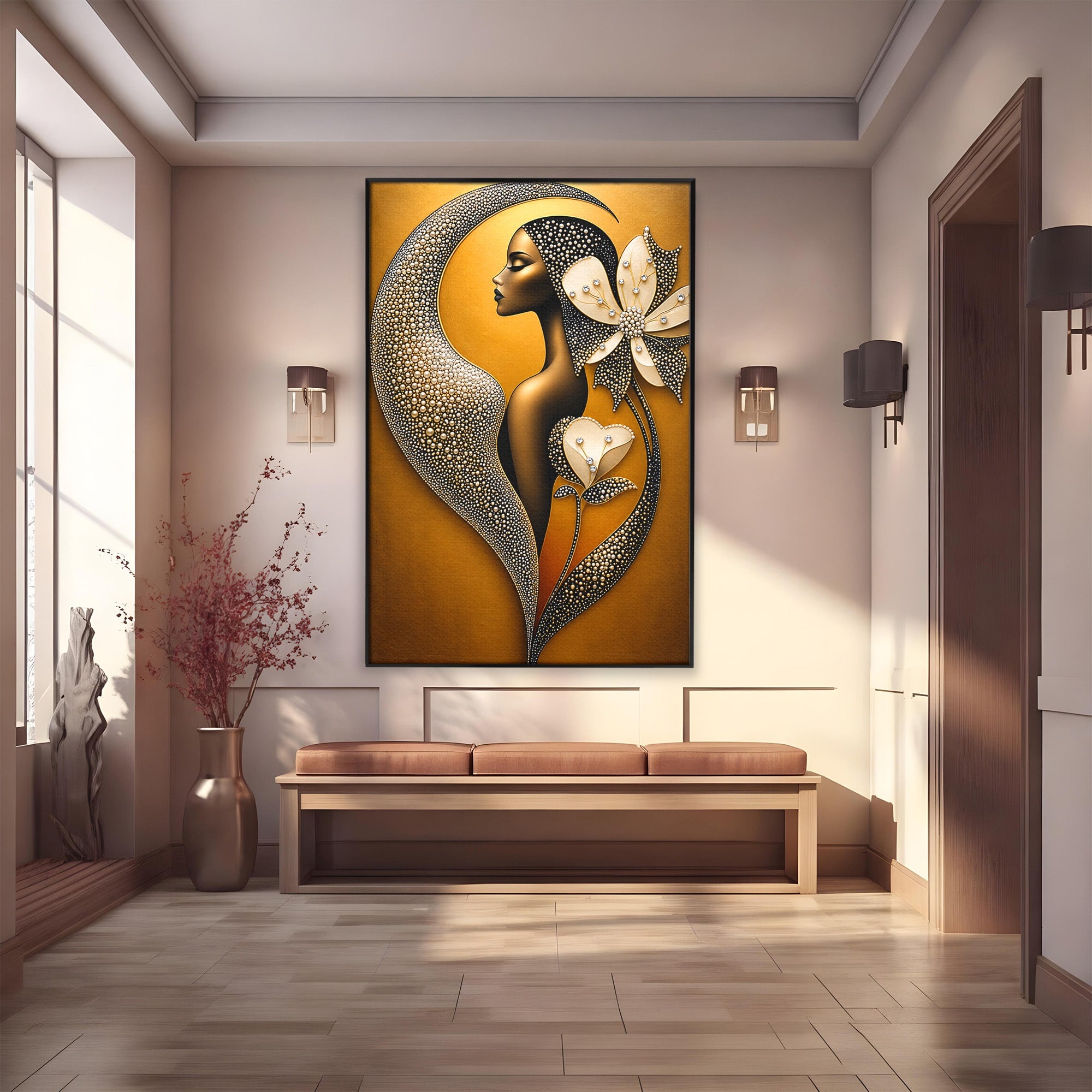 Tablou Canvas Premium LuxCanva® U1228, Femeie Cu Flori Perlate, Flori, Arta Abstracta, Eleganta, Femeie, Dormitor, Culori Vibrante