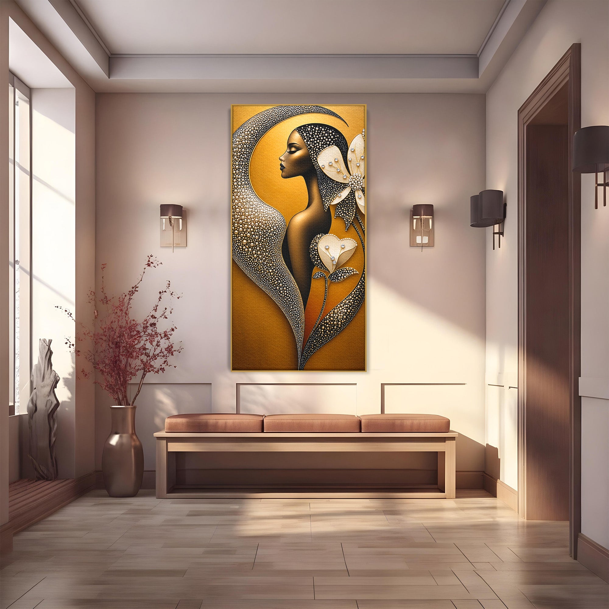 Tablou Canvas Premium LuxCanva® U1228, Femeie Cu Flori Perlate, Flori, Arta Abstracta, Eleganta, Femeie, Dormitor, Culori Vibrante