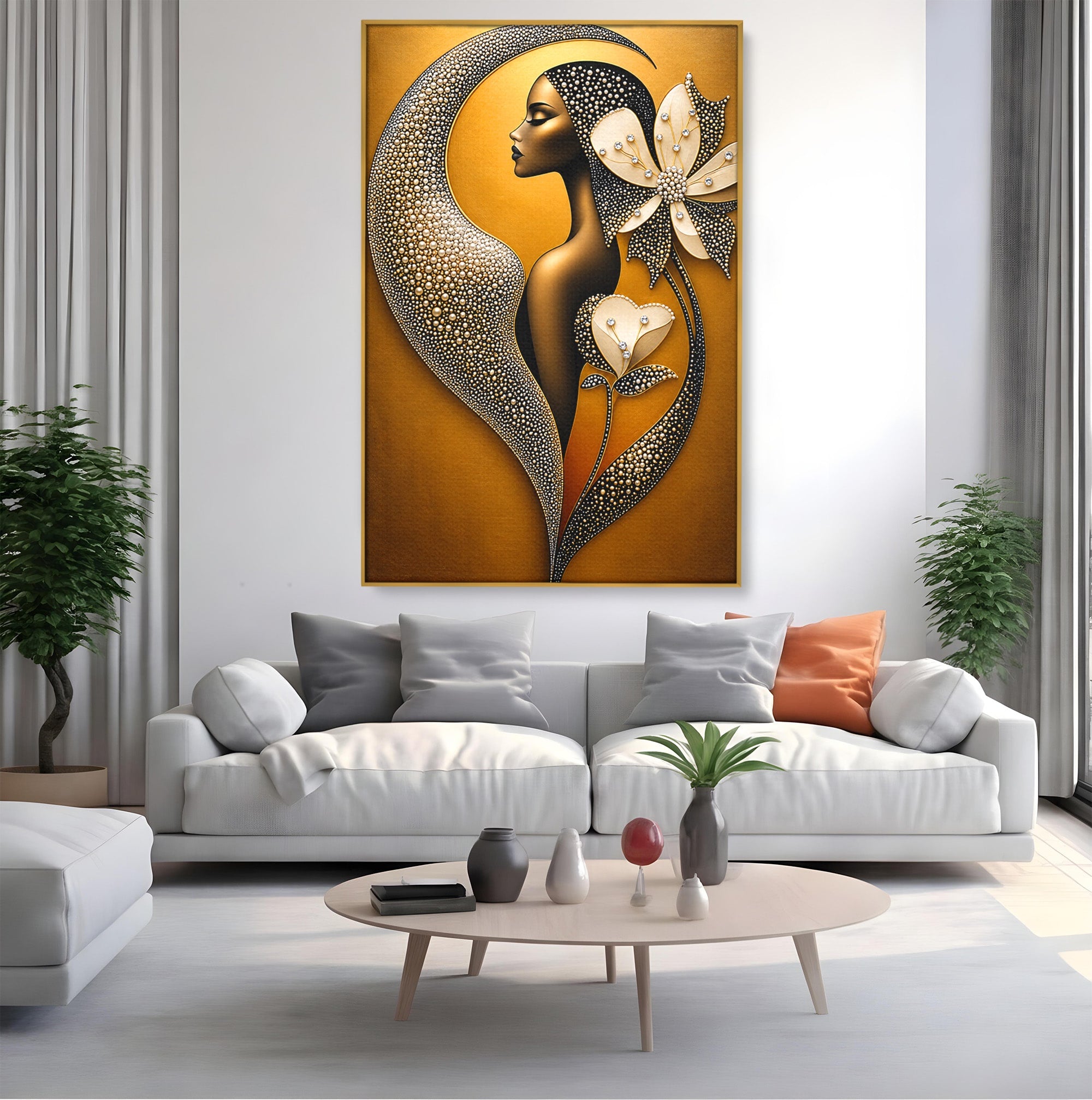 Tablou Canvas Premium LuxCanva® U1228, Femeie Cu Flori Perlate, Flori, Arta Abstracta, Eleganta, Femeie, Dormitor, Culori Vibrante