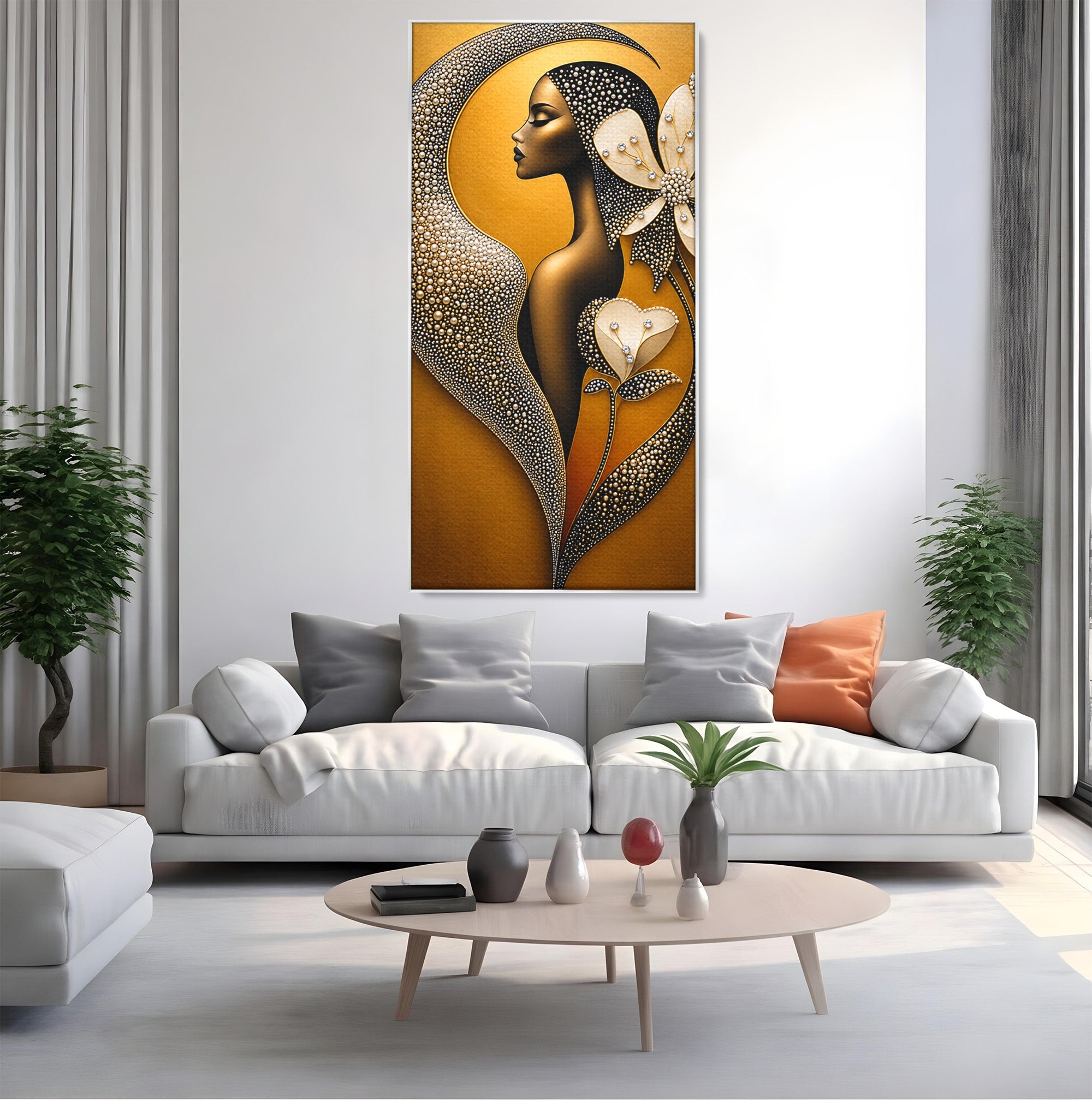 Tablou Canvas Premium LuxCanva® U1228, Femeie Cu Flori Perlate, Flori, Arta Abstracta, Eleganta, Femeie, Dormitor, Culori Vibrante