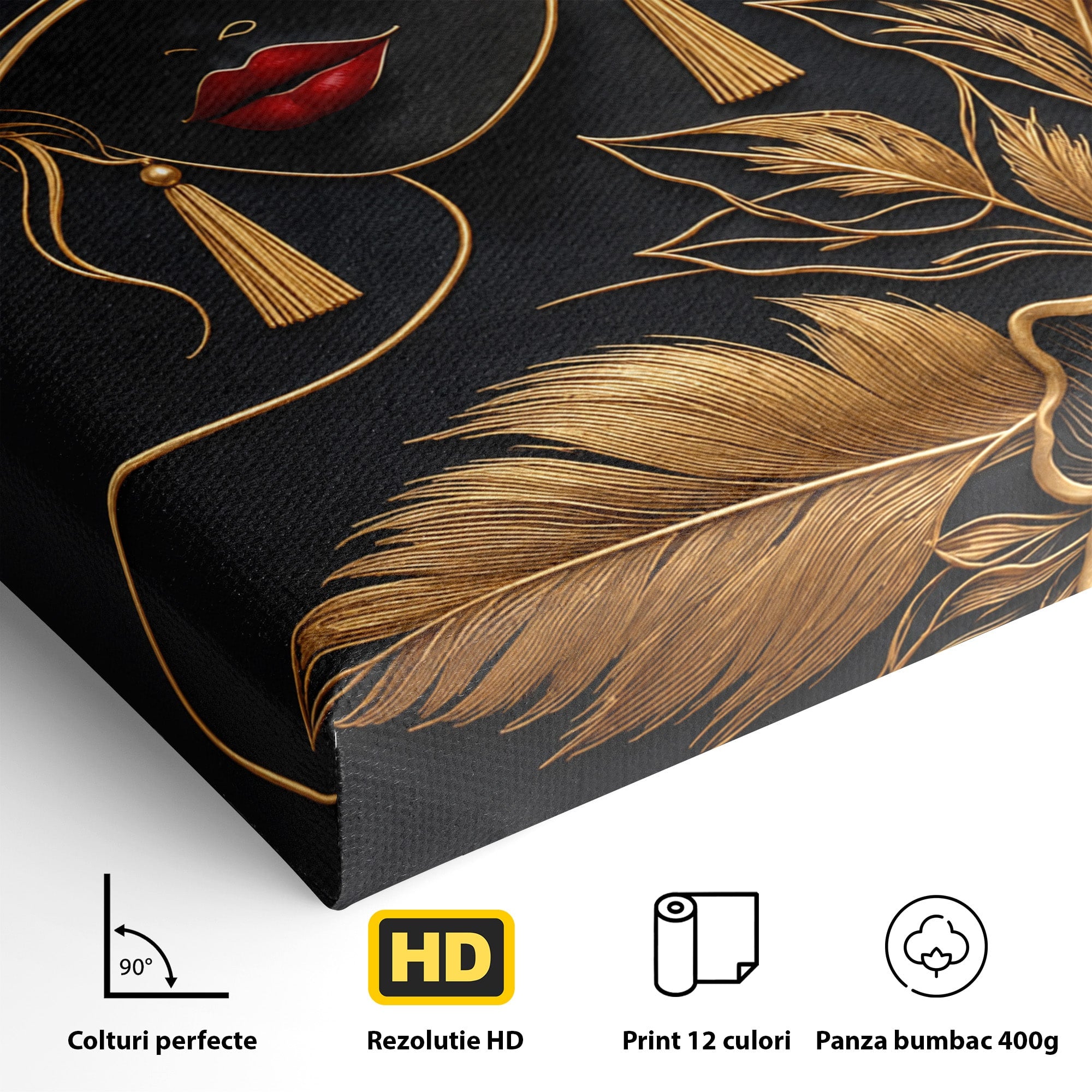 Tablou Canvas Premium LuxCanva® U1229, Misterioasa In Aur, Femeie, Eleganta, Moda, Portret, Dormitor, Birou, Culori Vibrante