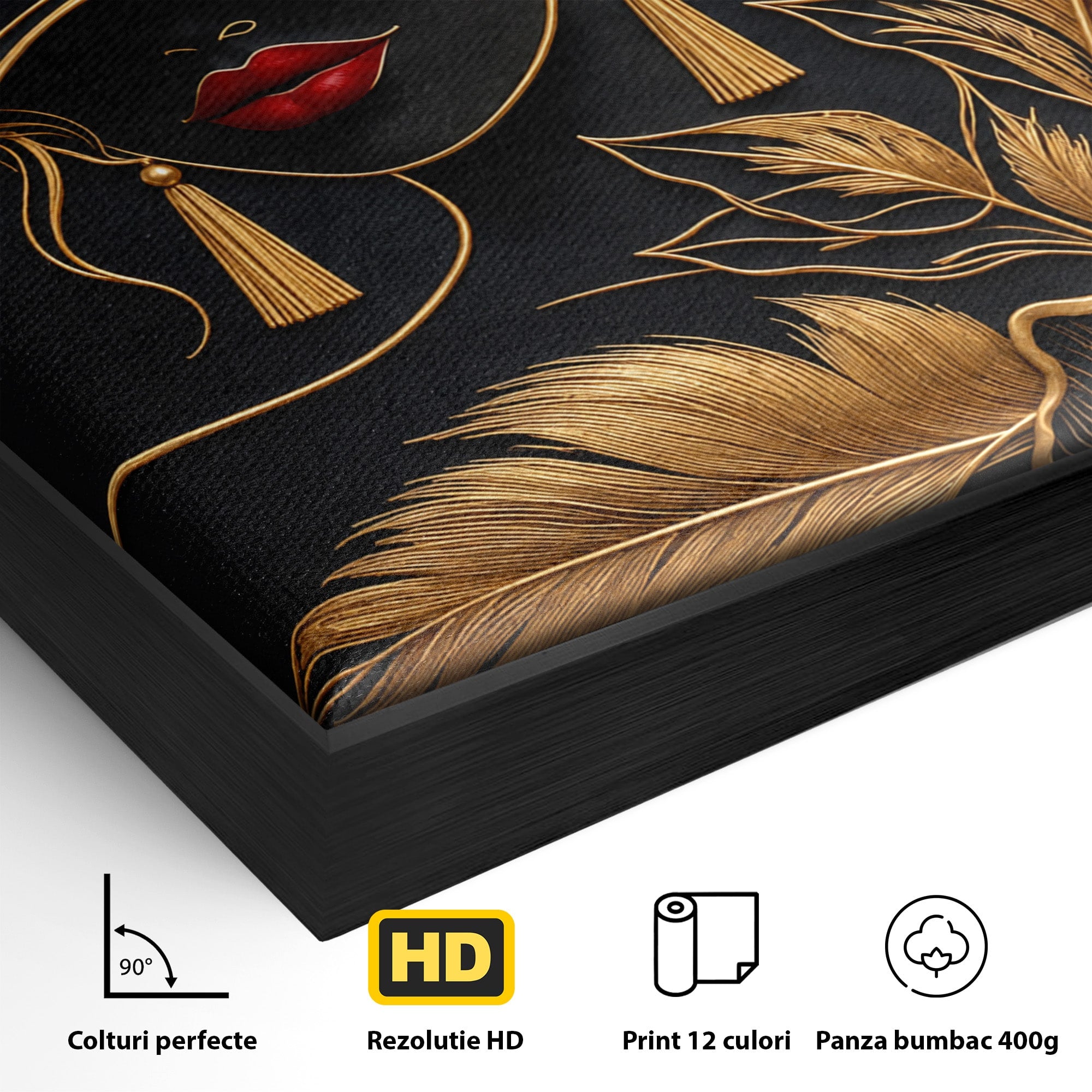 Tablou Canvas Premium LuxCanva® U1229, Misterioasa In Aur, Femeie, Eleganta, Moda, Portret, Dormitor, Birou, Culori Vibrante