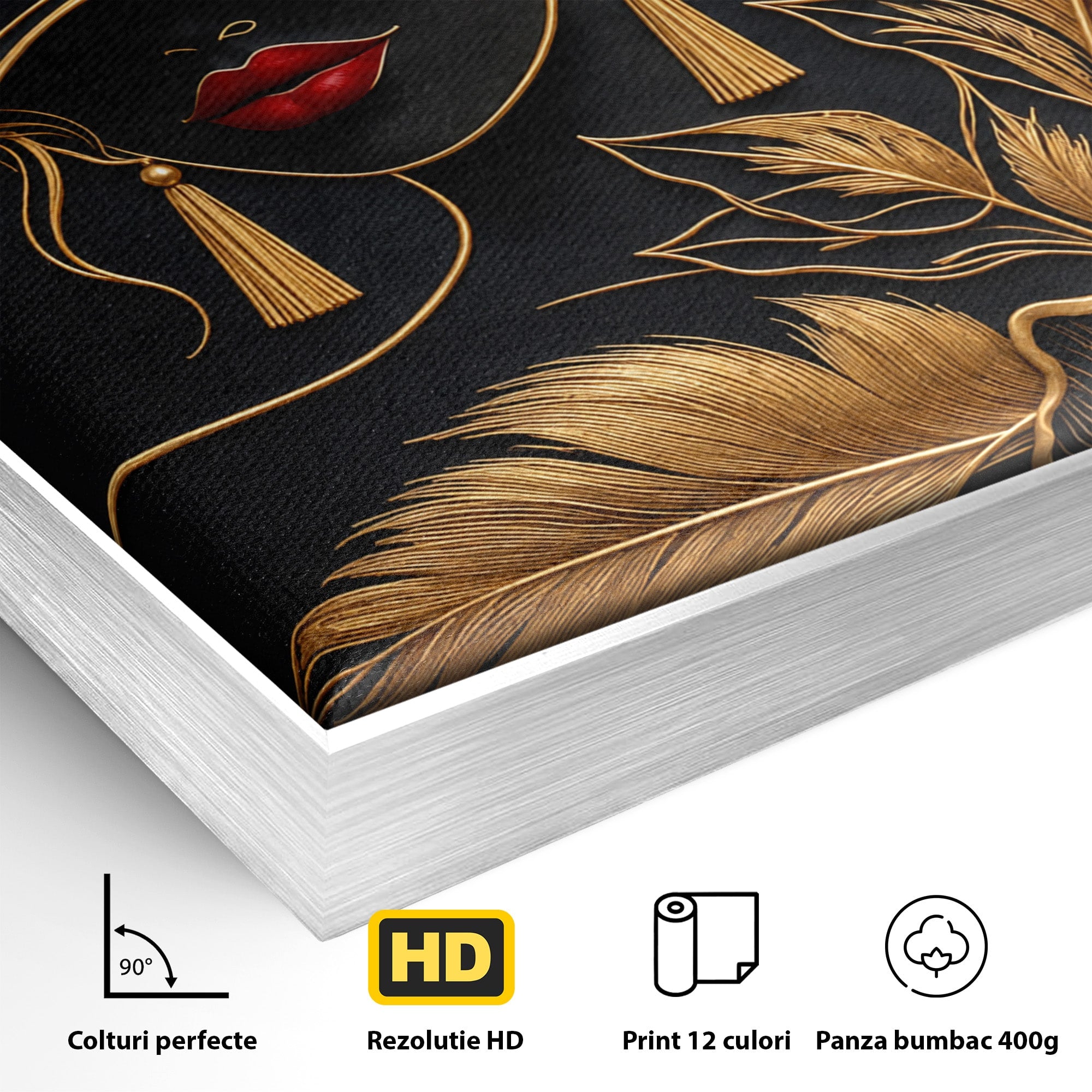 Tablou Canvas Premium LuxCanva® U1229, Misterioasa In Aur, Femeie, Eleganta, Moda, Portret, Dormitor, Birou, Culori Vibrante