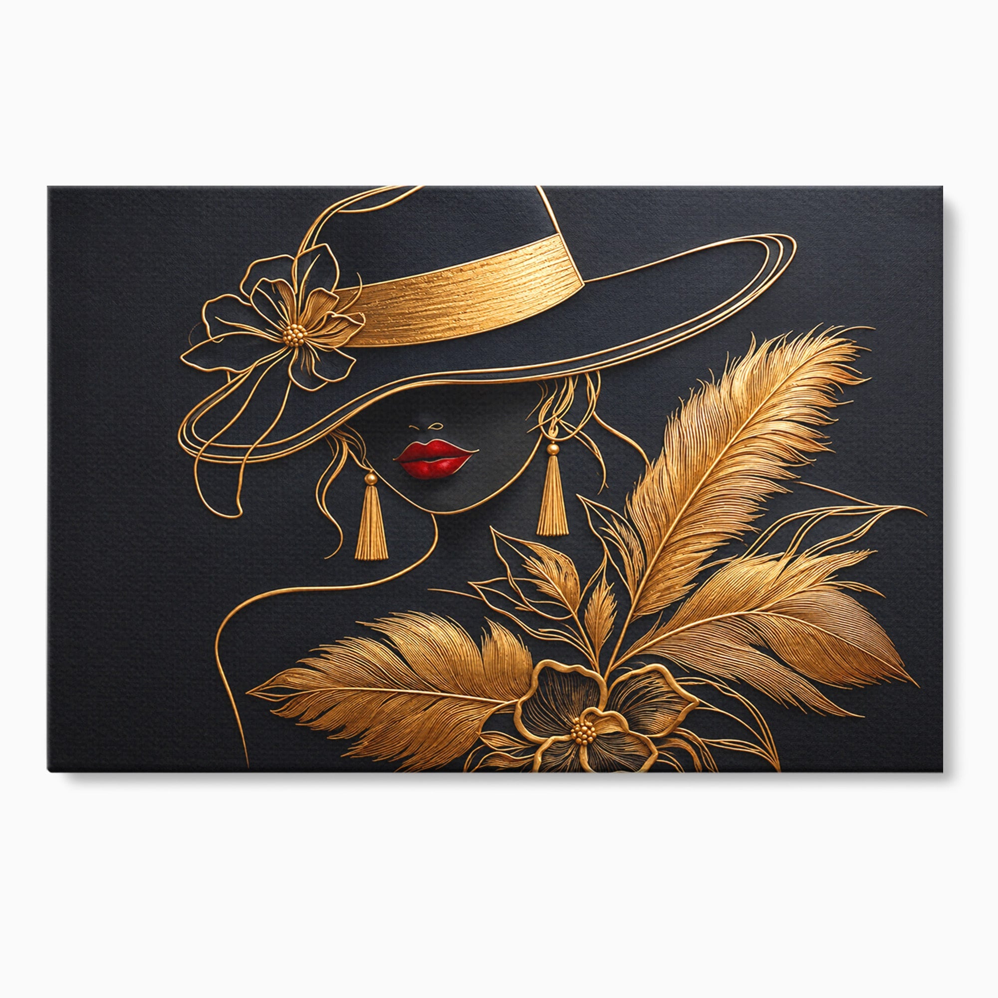 Tablou Canvas Premium LuxCanva® U1229, Misterioasa In Aur, Femeie, Eleganta, Moda, Portret, Dormitor, Birou, Culori Vibrante