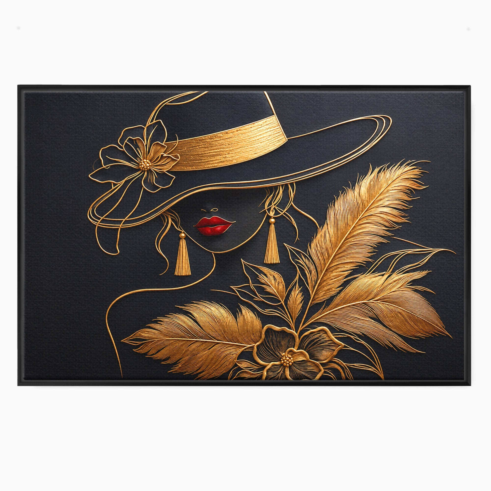 Tablou Canvas Premium LuxCanva® U1229, Misterioasa In Aur, Femeie, Eleganta, Moda, Portret, Dormitor, Birou, Culori Vibrante