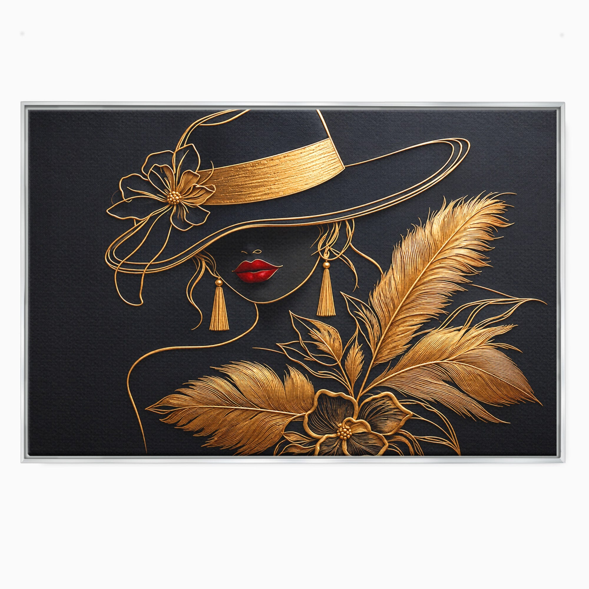 Tablou Canvas Premium LuxCanva® U1229, Misterioasa In Aur, Femeie, Eleganta, Moda, Portret, Dormitor, Birou, Culori Vibrante