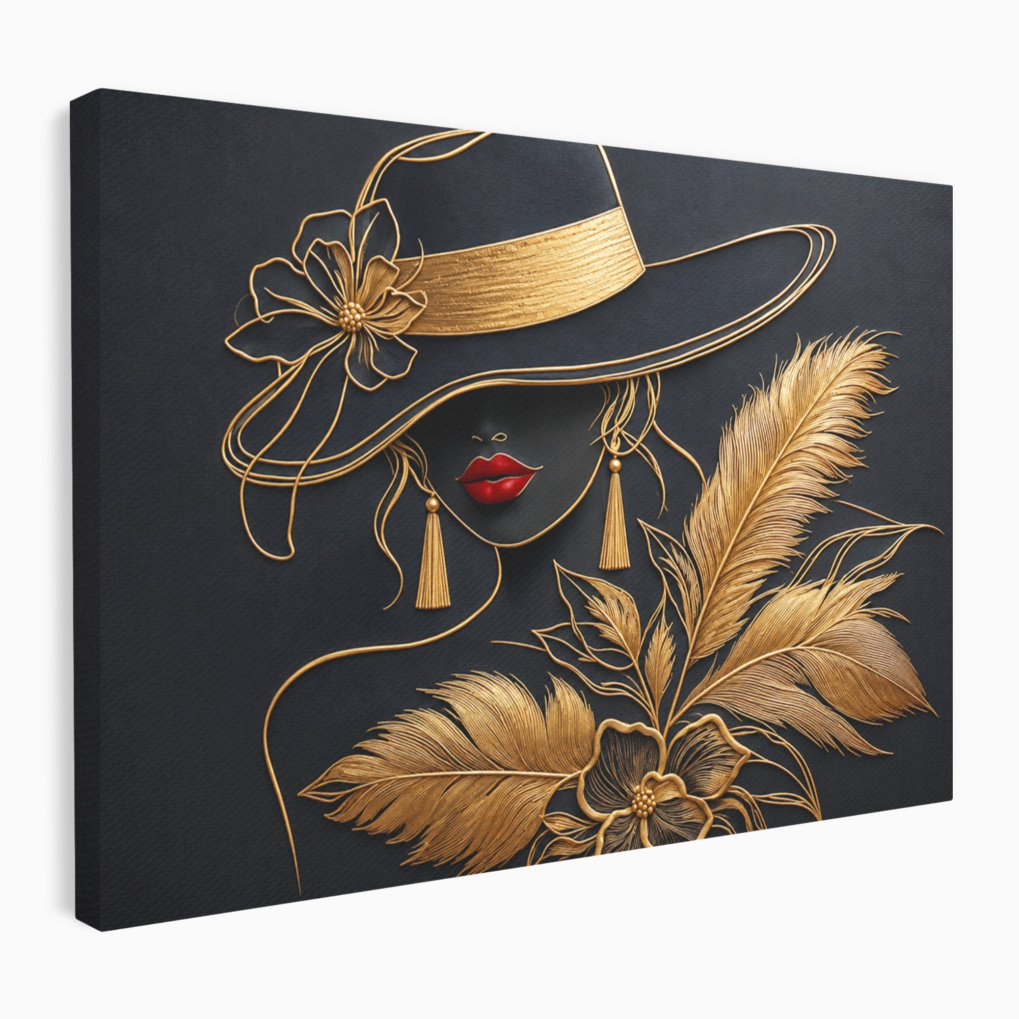 Tablou Canvas Premium LuxCanva® U1229, Misterioasa In Aur, Femeie, Eleganta, Moda, Portret, Dormitor, Birou, Culori Vibrante