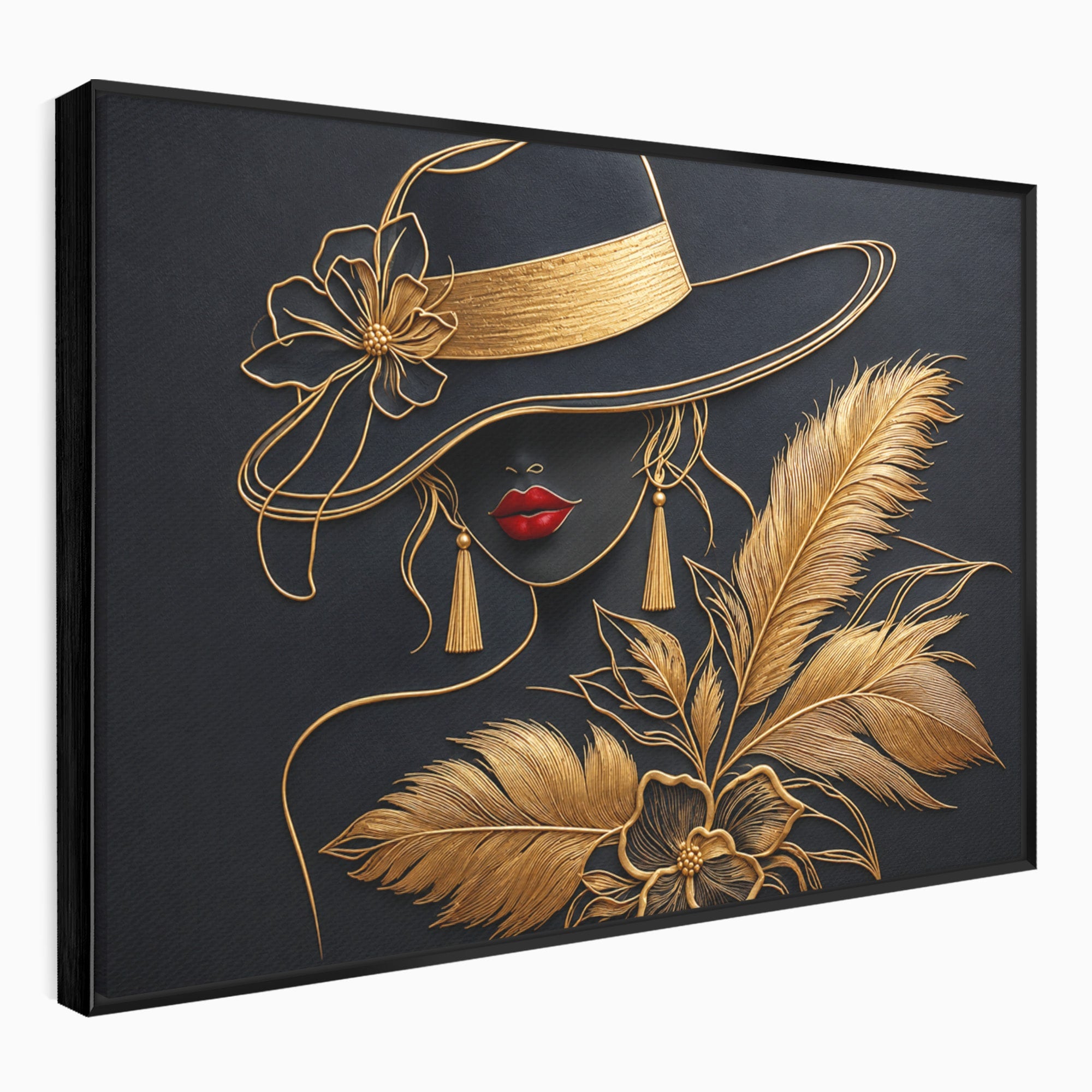Tablou Canvas Premium LuxCanva® U1229, Misterioasa In Aur, Femeie, Eleganta, Moda, Portret, Dormitor, Birou, Culori Vibrante