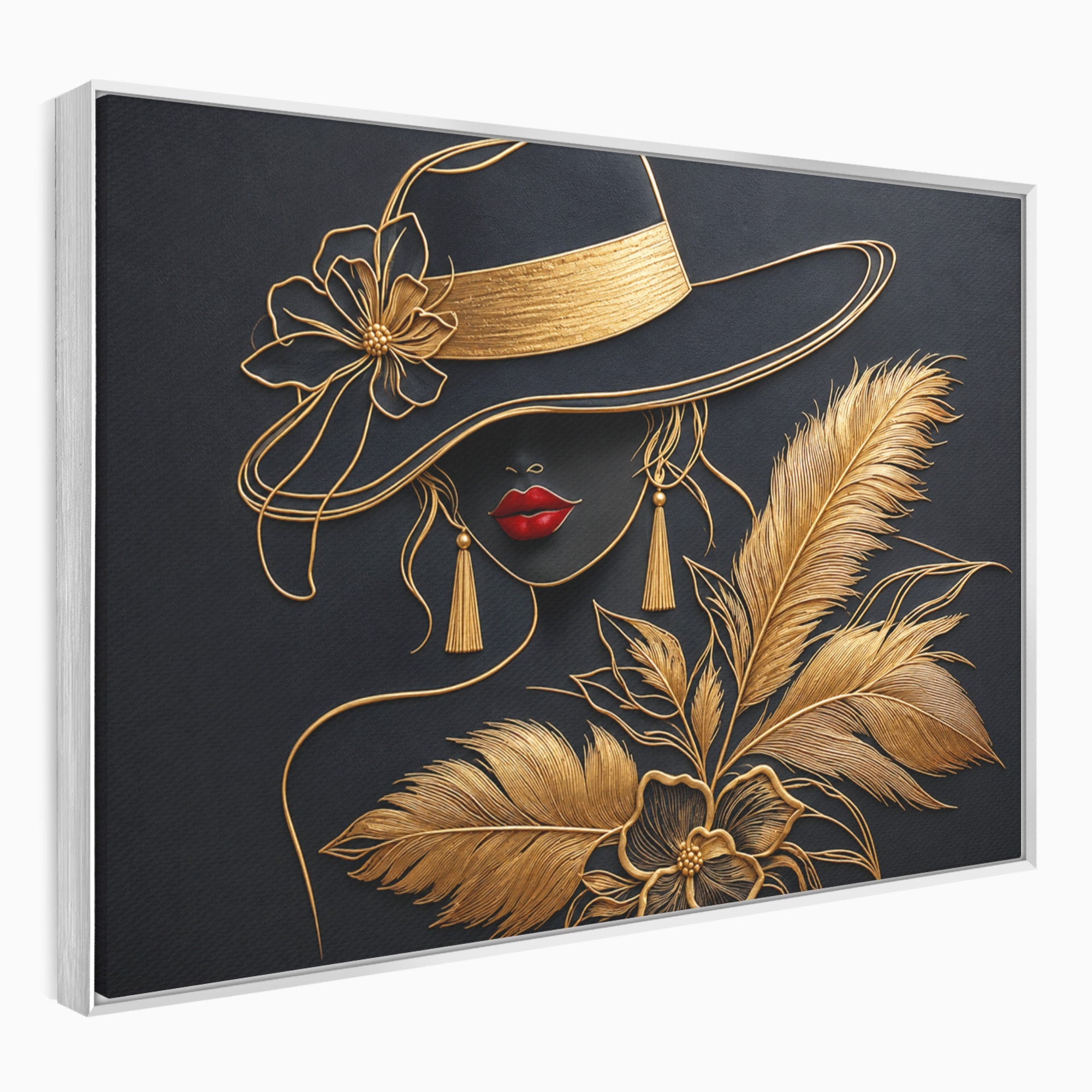 Tablou Canvas Premium LuxCanva® U1229, Misterioasa In Aur, Femeie, Eleganta, Moda, Portret, Dormitor, Birou, Culori Vibrante