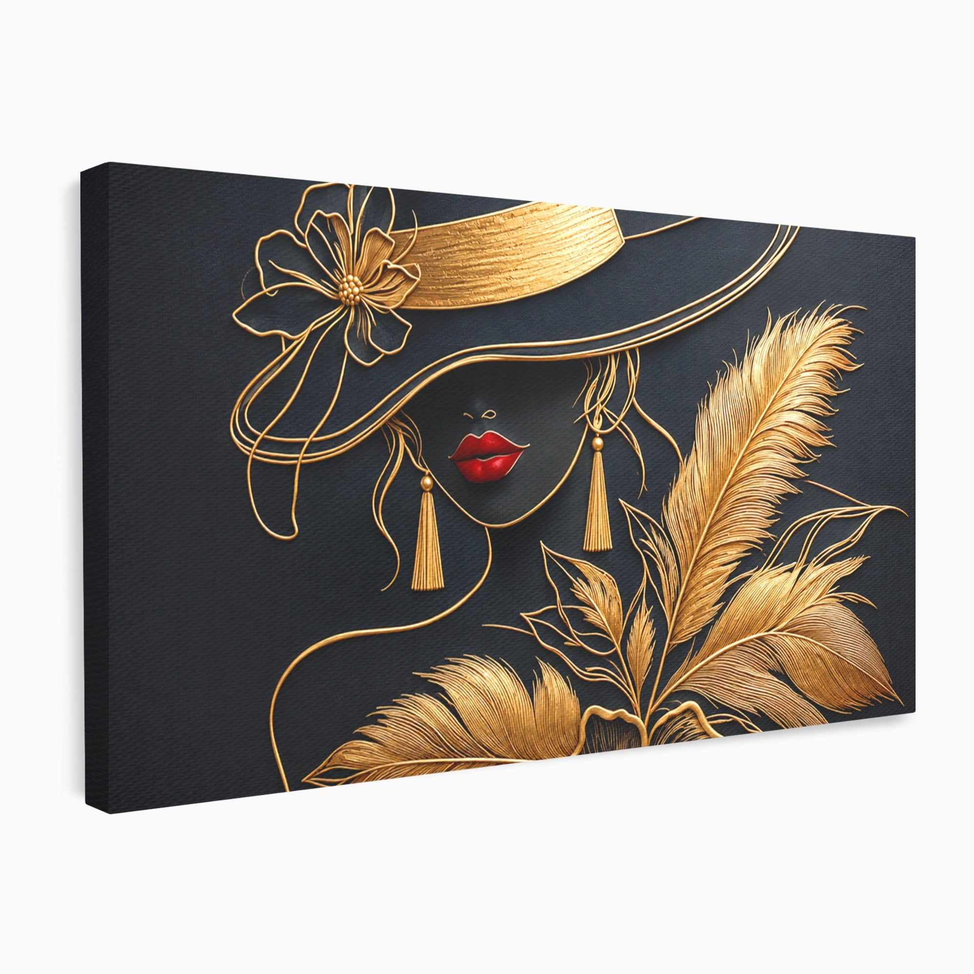 Tablou Canvas Premium LuxCanva® U1229, Misterioasa In Aur, Femeie, Eleganta, Moda, Portret, Dormitor, Birou, Culori Vibrante