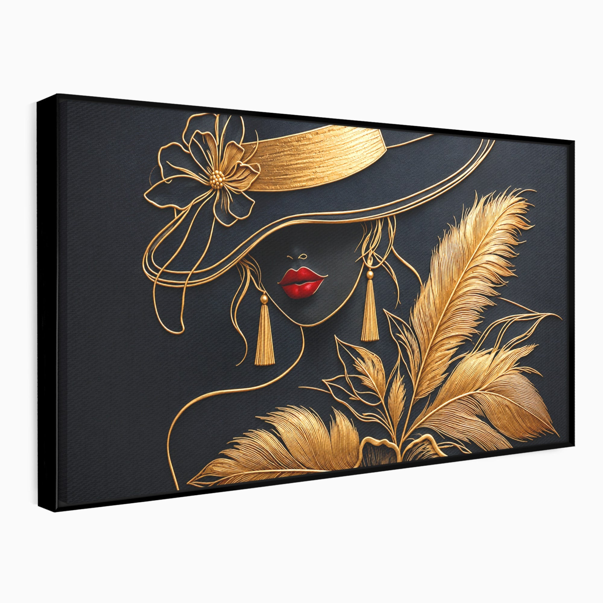 Tablou Canvas Premium LuxCanva® U1229, Misterioasa In Aur, Femeie, Eleganta, Moda, Portret, Dormitor, Birou, Culori Vibrante