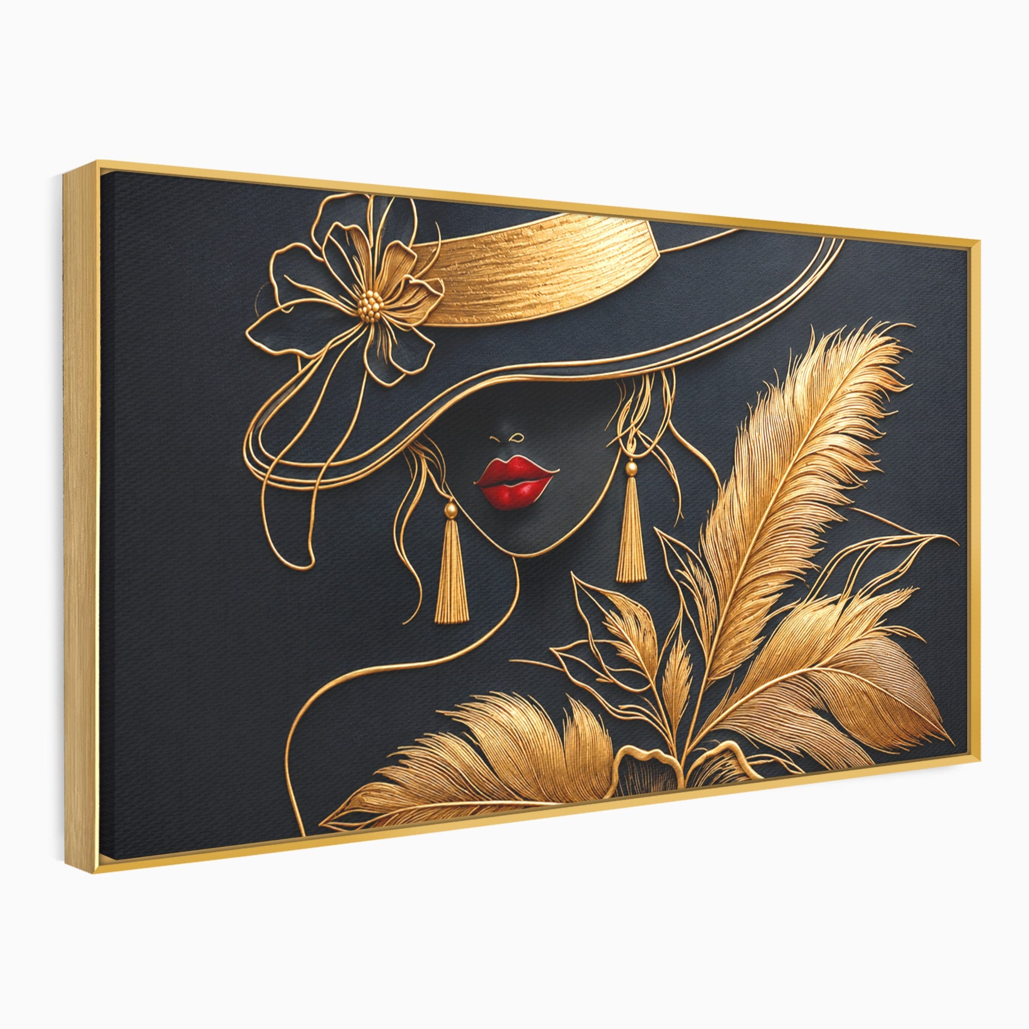 Tablou Canvas Premium LuxCanva® U1229, Misterioasa In Aur, Femeie, Eleganta, Moda, Portret, Dormitor, Birou, Culori Vibrante