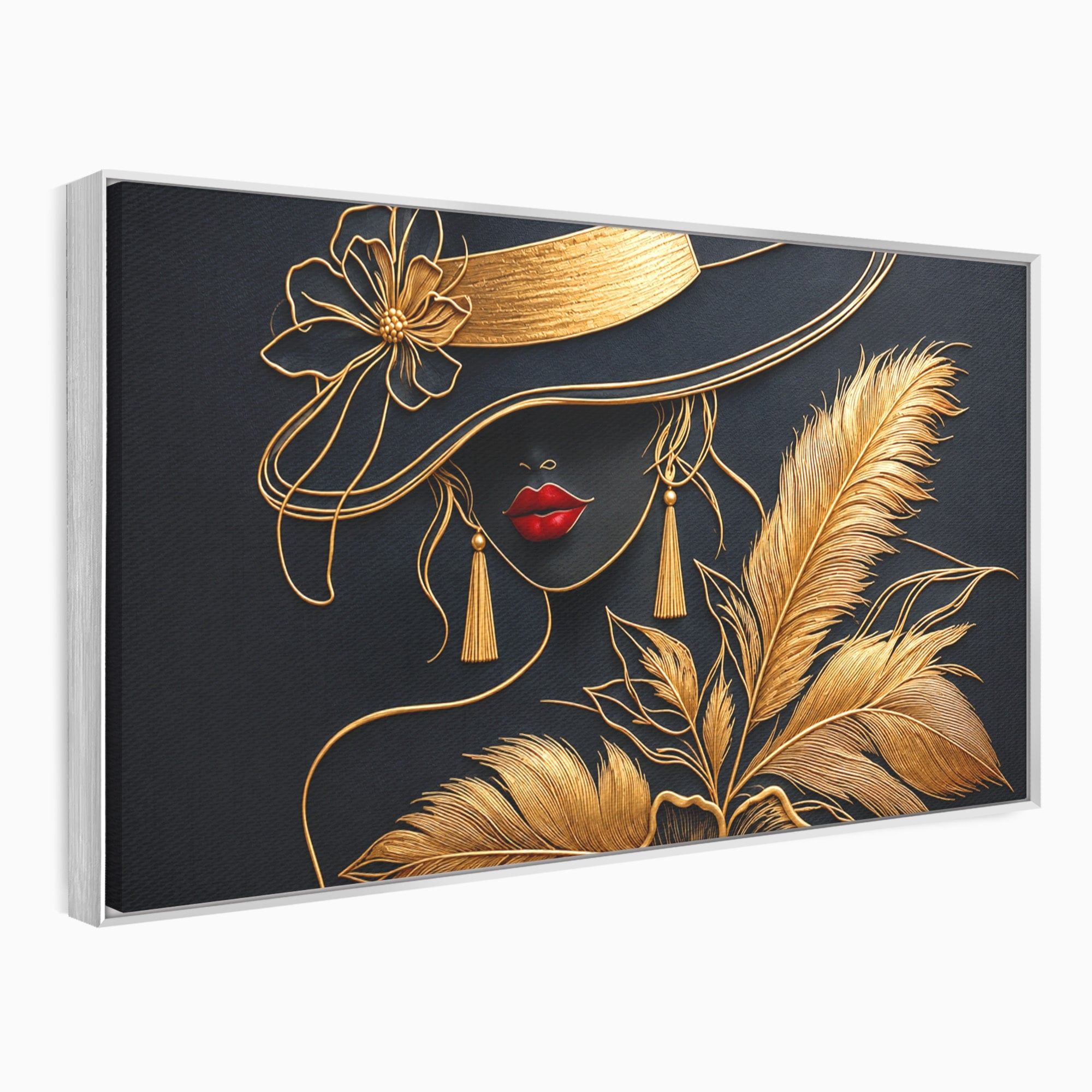 Tablou Canvas Premium LuxCanva® U1229, Misterioasa In Aur, Femeie, Eleganta, Moda, Portret, Dormitor, Birou, Culori Vibrante