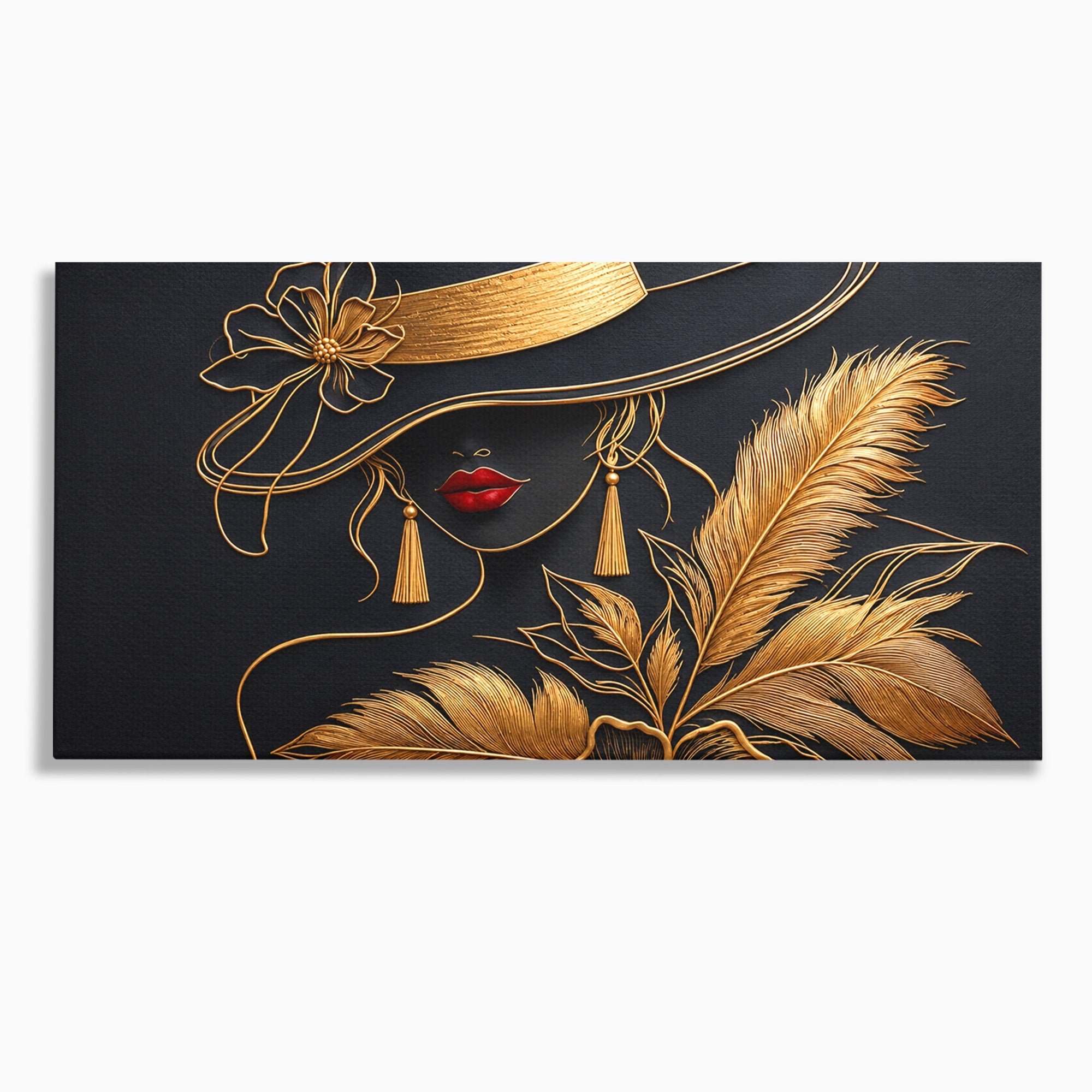 Tablou Canvas Premium LuxCanva® U1229, Misterioasa In Aur, Femeie, Eleganta, Moda, Portret, Dormitor, Birou, Culori Vibrante