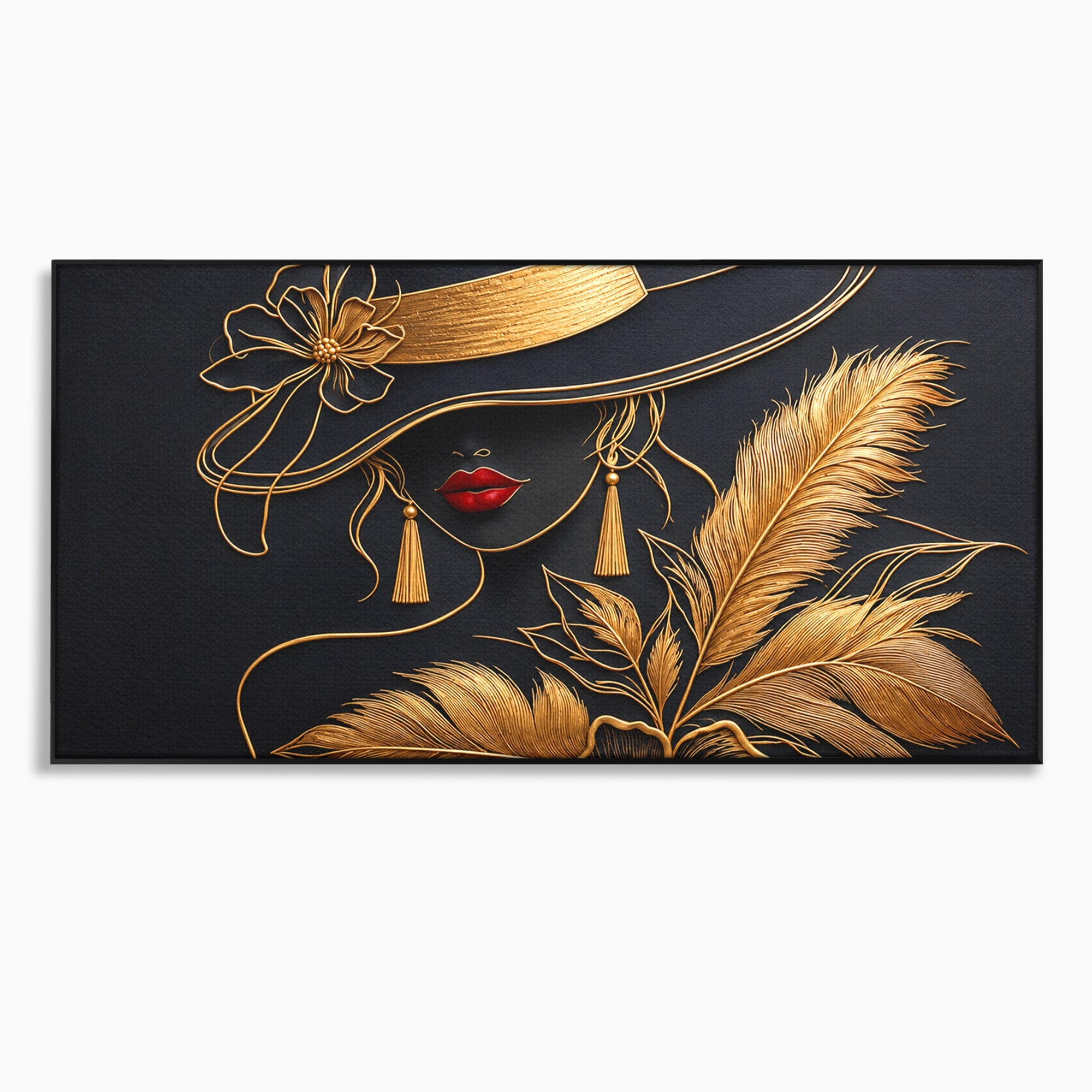 Tablou Canvas Premium LuxCanva® U1229, Misterioasa In Aur, Femeie, Eleganta, Moda, Portret, Dormitor, Birou, Culori Vibrante