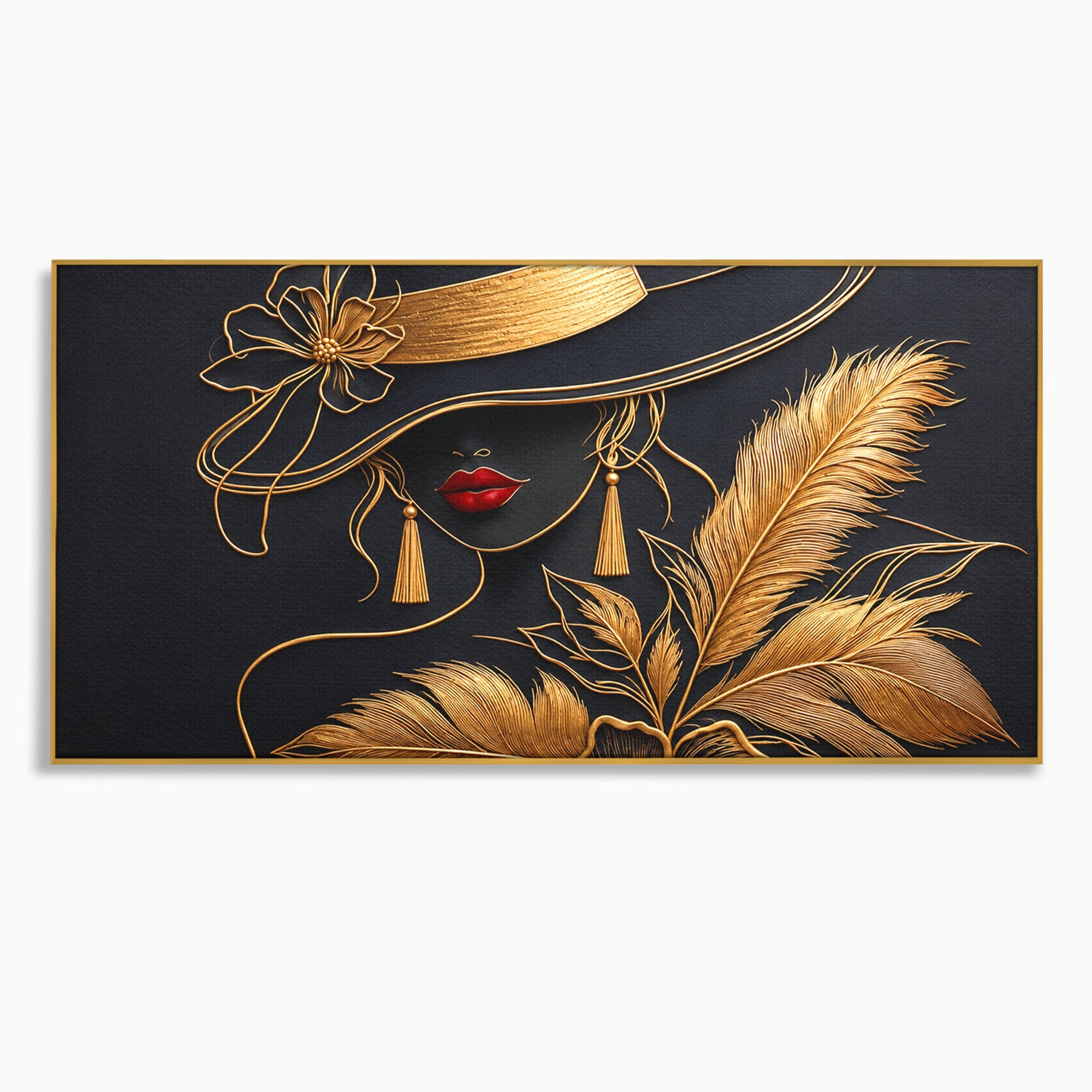 Tablou Canvas Premium LuxCanva® U1229, Misterioasa In Aur, Femeie, Eleganta, Moda, Portret, Dormitor, Birou, Culori Vibrante