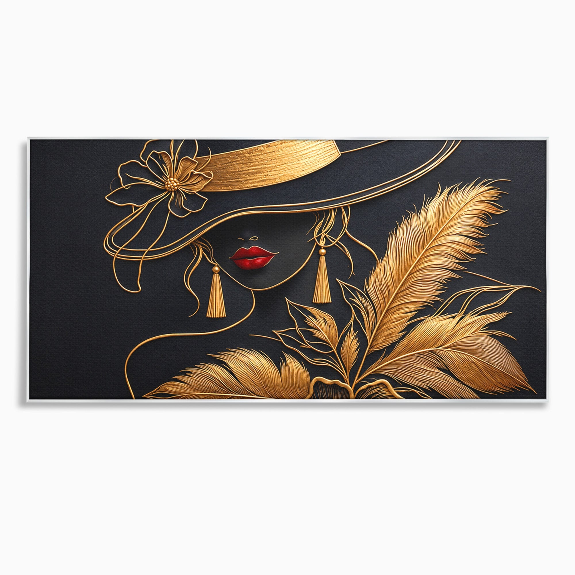 Tablou Canvas Premium LuxCanva® U1229, Misterioasa In Aur, Femeie, Eleganta, Moda, Portret, Dormitor, Birou, Culori Vibrante