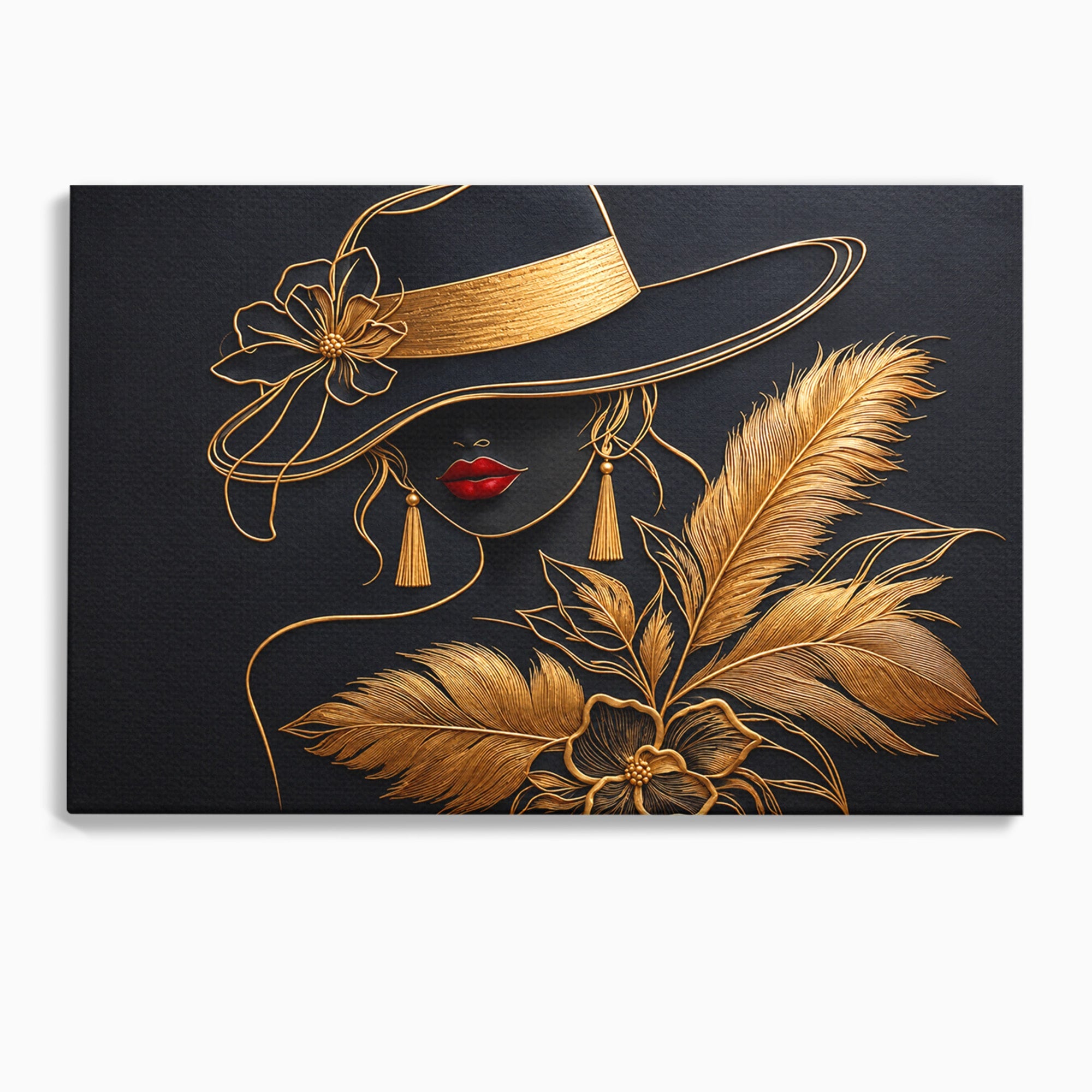 Tablou Canvas Premium LuxCanva® U1229, Misterioasa In Aur, Femeie, Eleganta, Moda, Portret, Dormitor, Birou, Culori Vibrante
