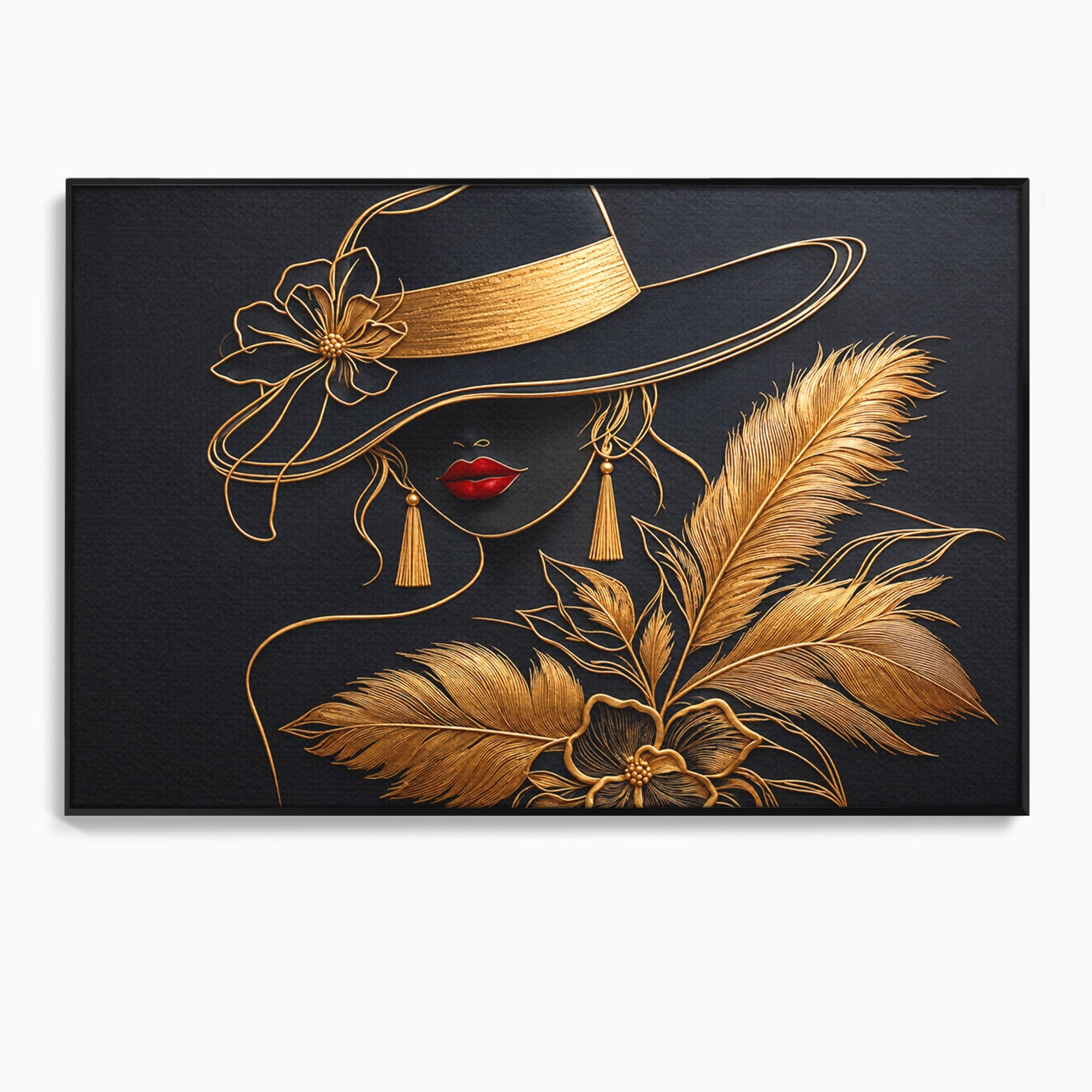 Tablou Canvas Premium LuxCanva® U1229, Misterioasa In Aur, Femeie, Eleganta, Moda, Portret, Dormitor, Birou, Culori Vibrante