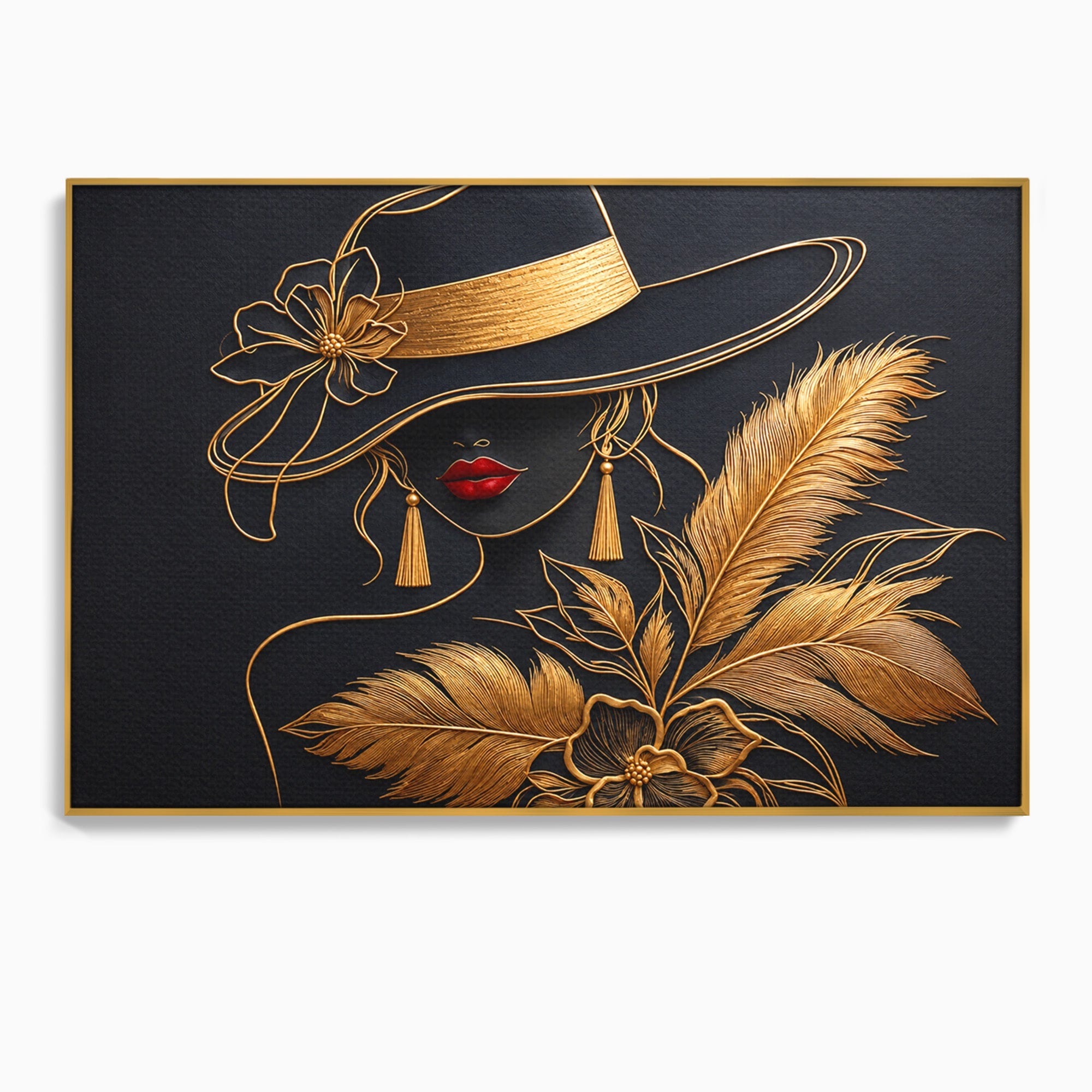 Tablou Canvas Premium LuxCanva® U1229, Misterioasa In Aur, Femeie, Eleganta, Moda, Portret, Dormitor, Birou, Culori Vibrante
