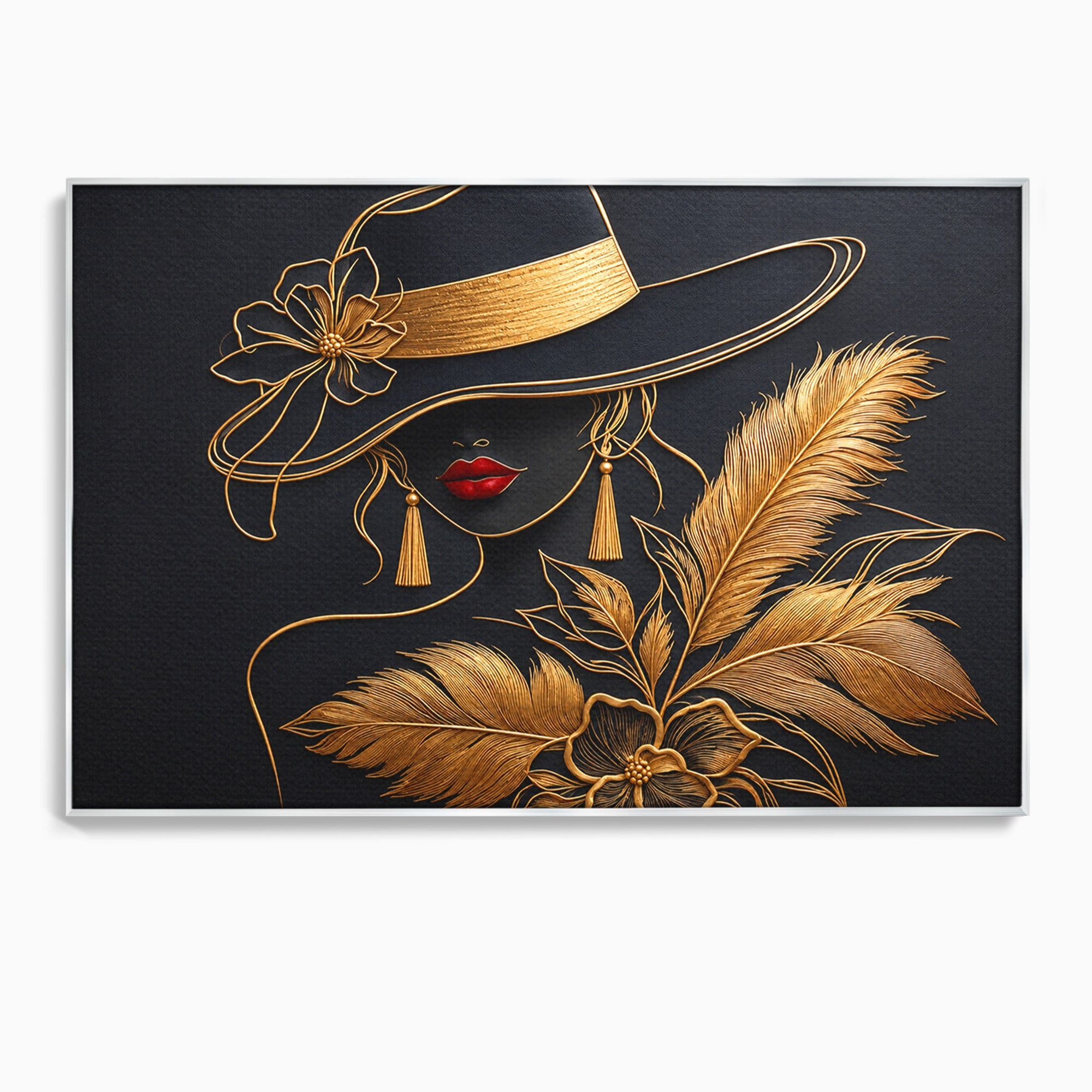Tablou Canvas Premium LuxCanva® U1229, Misterioasa In Aur, Femeie, Eleganta, Moda, Portret, Dormitor, Birou, Culori Vibrante