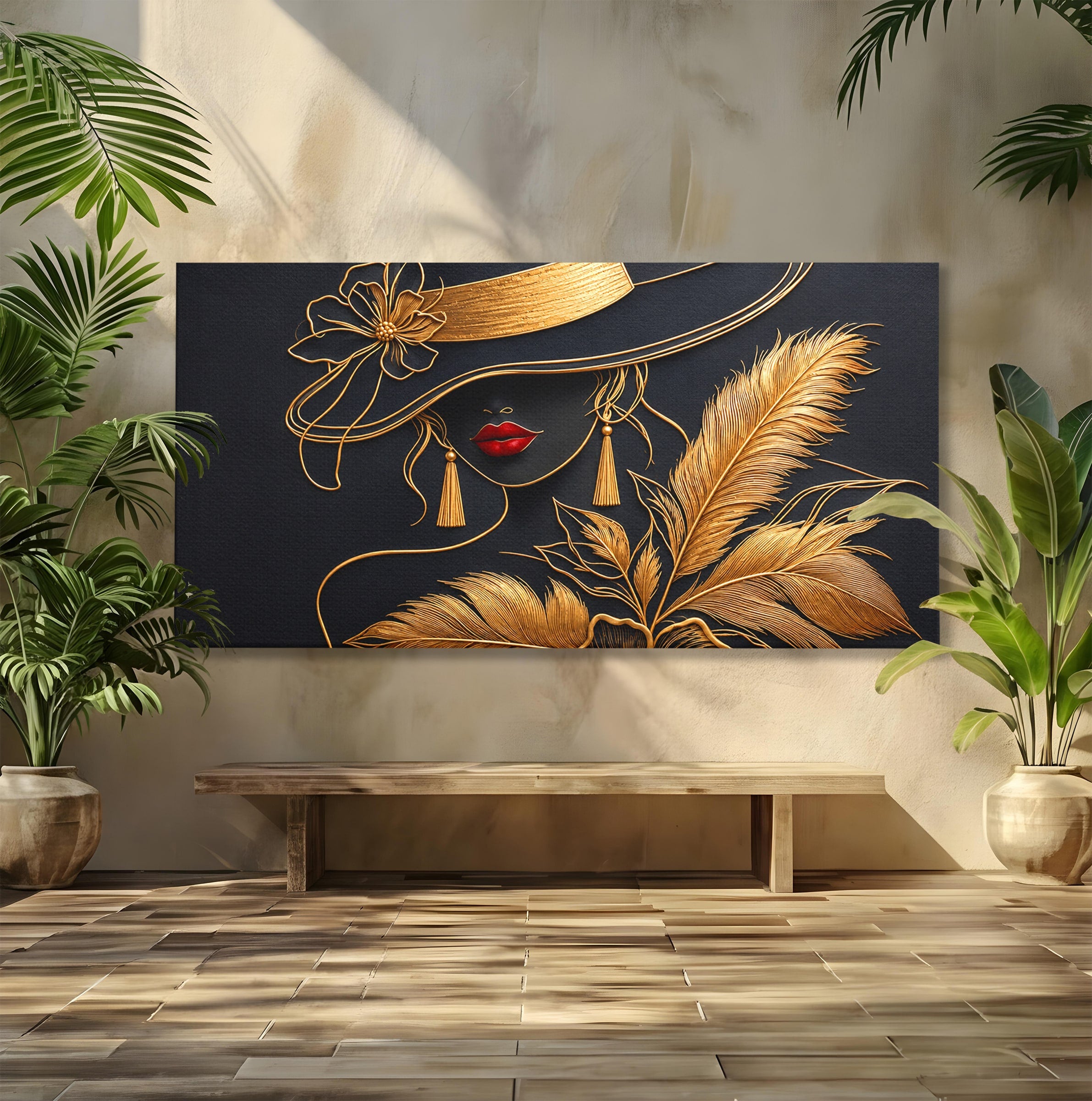 Tablou Canvas Premium LuxCanva® U1229, Misterioasa In Aur, Femeie, Eleganta, Moda, Portret, Dormitor, Birou, Culori Vibrante