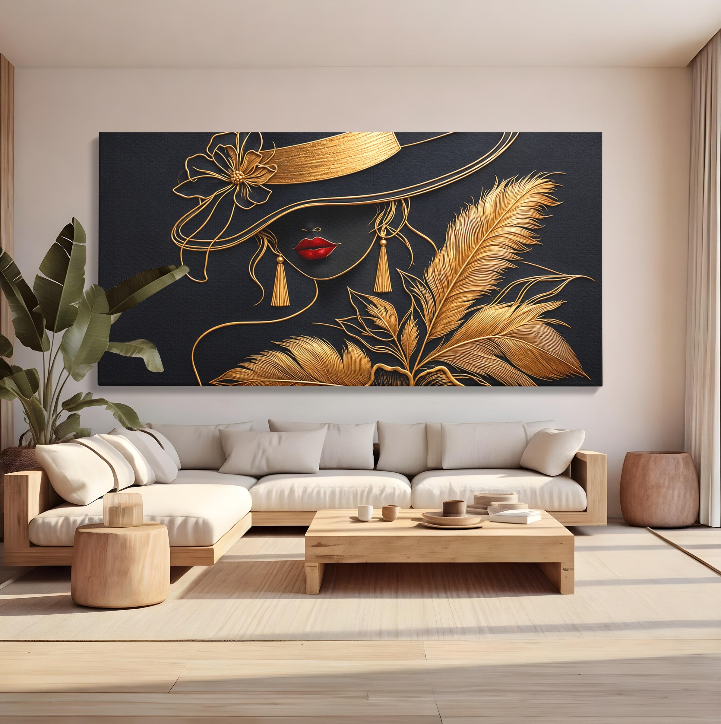 Tablou Canvas Premium LuxCanva® U1229, Misterioasa In Aur, Femeie, Eleganta, Moda, Portret, Dormitor, Birou, Culori Vibrante