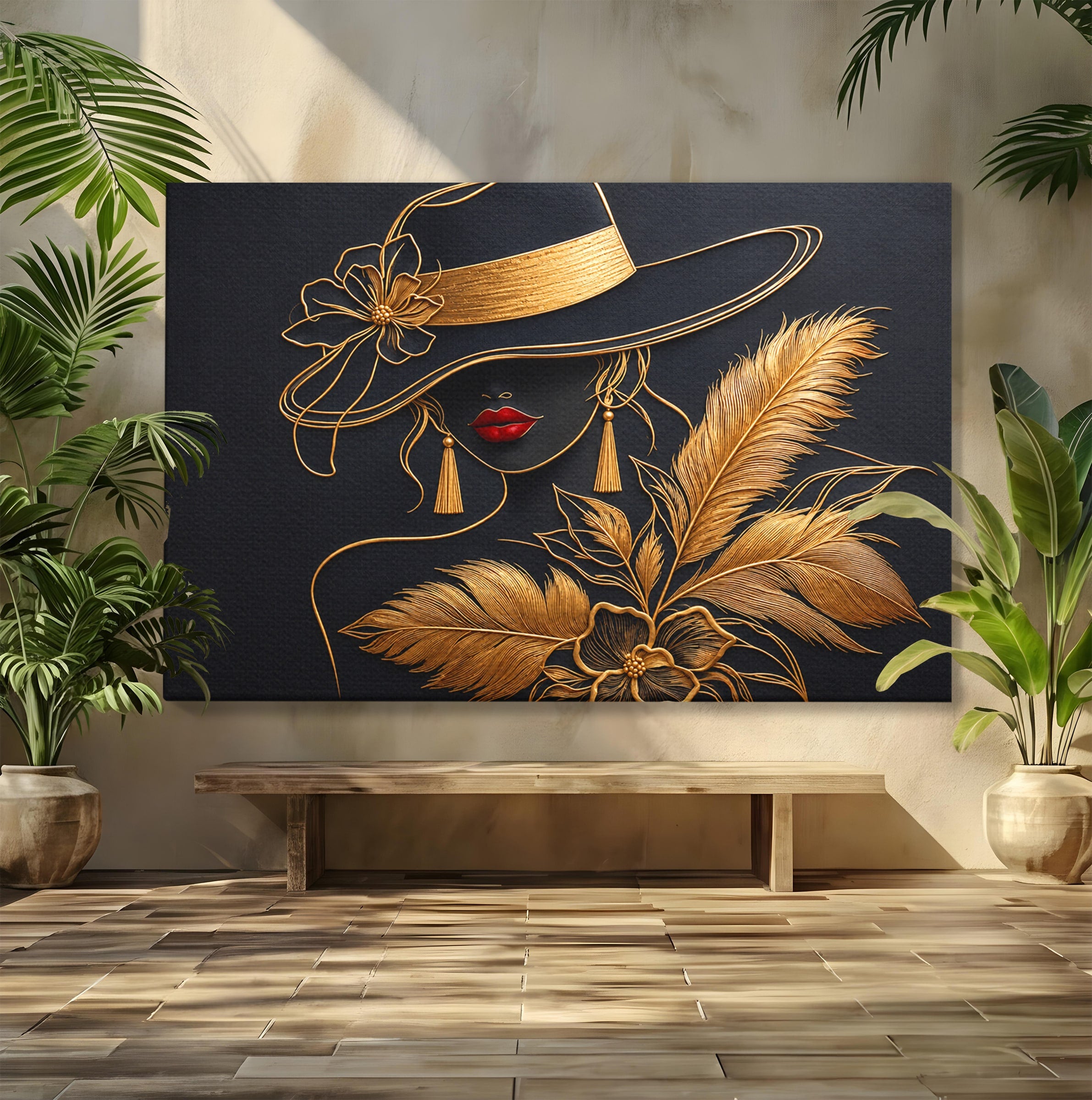 Tablou Canvas Premium LuxCanva® U1229, Misterioasa In Aur, Femeie, Eleganta, Moda, Portret, Dormitor, Birou, Culori Vibrante