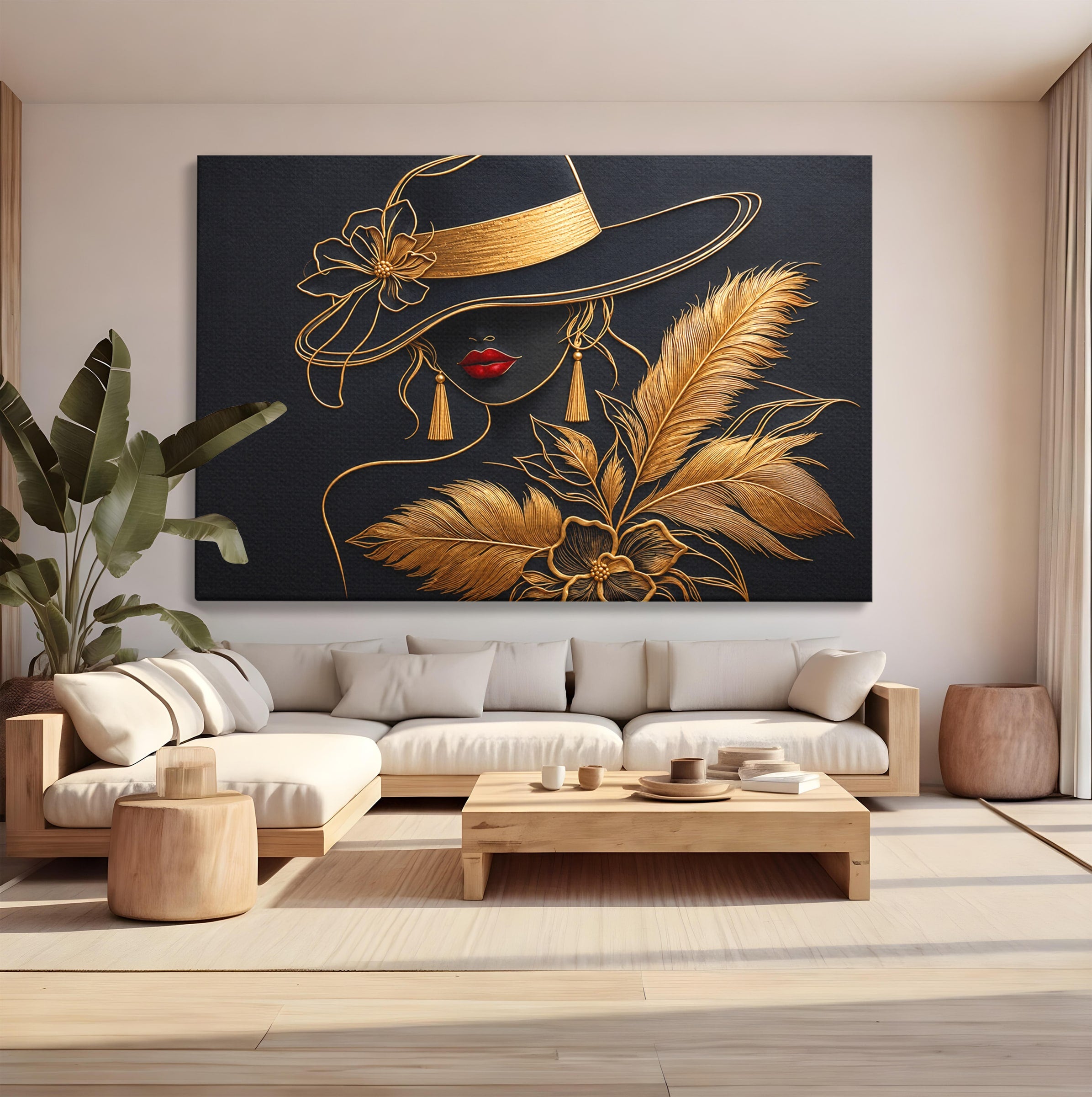 Tablou Canvas Premium LuxCanva® U1229, Misterioasa In Aur, Femeie, Eleganta, Moda, Portret, Dormitor, Birou, Culori Vibrante