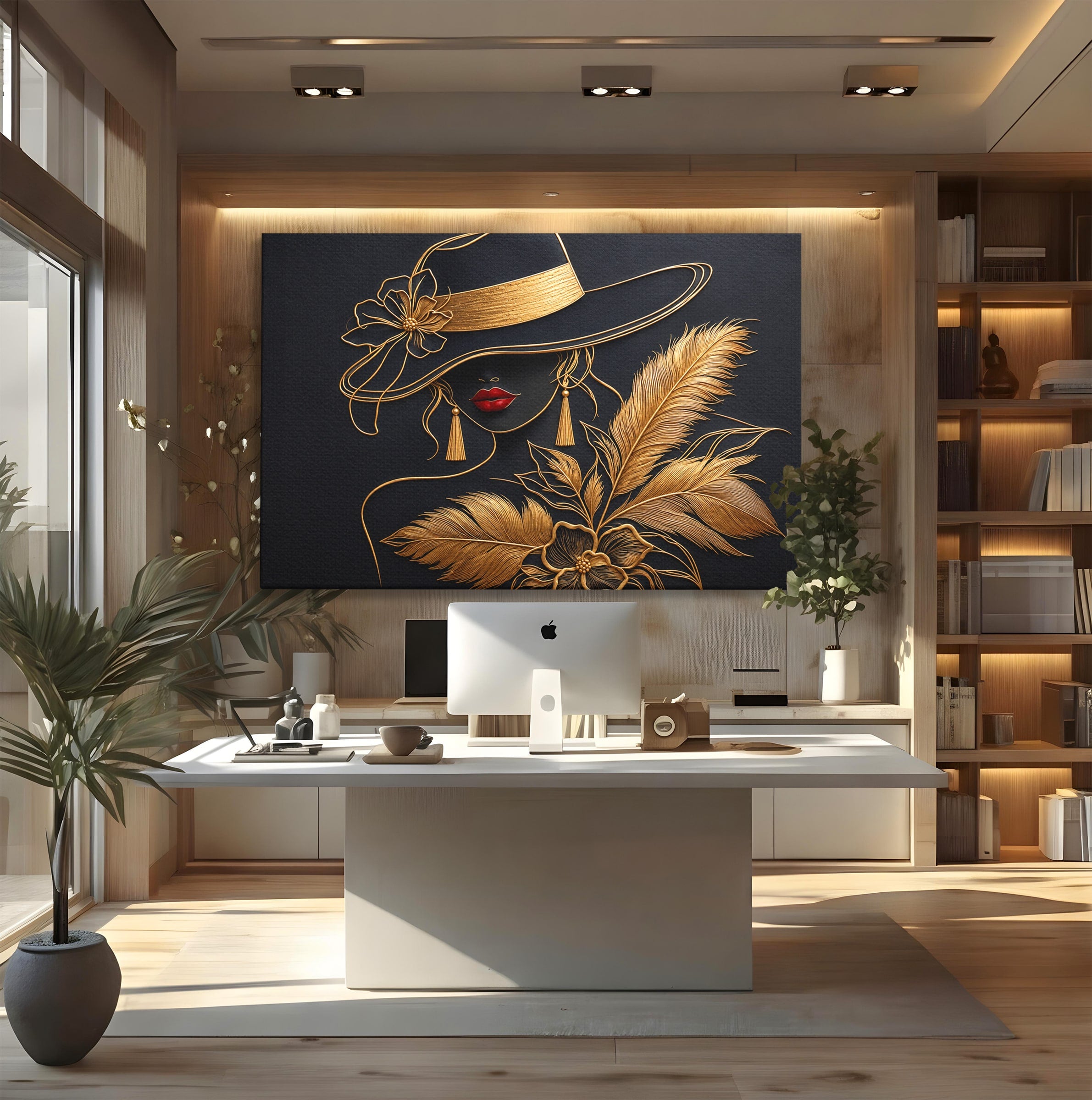 Tablou Canvas Premium LuxCanva® U1229, Misterioasa In Aur, Femeie, Eleganta, Moda, Portret, Dormitor, Birou, Culori Vibrante