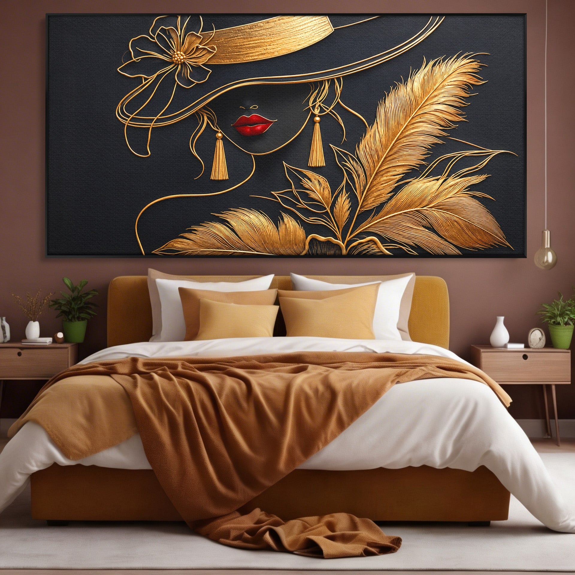 Tablou Canvas Premium LuxCanva® U1229, Misterioasa In Aur, Femeie, Eleganta, Moda, Portret, Dormitor, Birou, Culori Vibrante