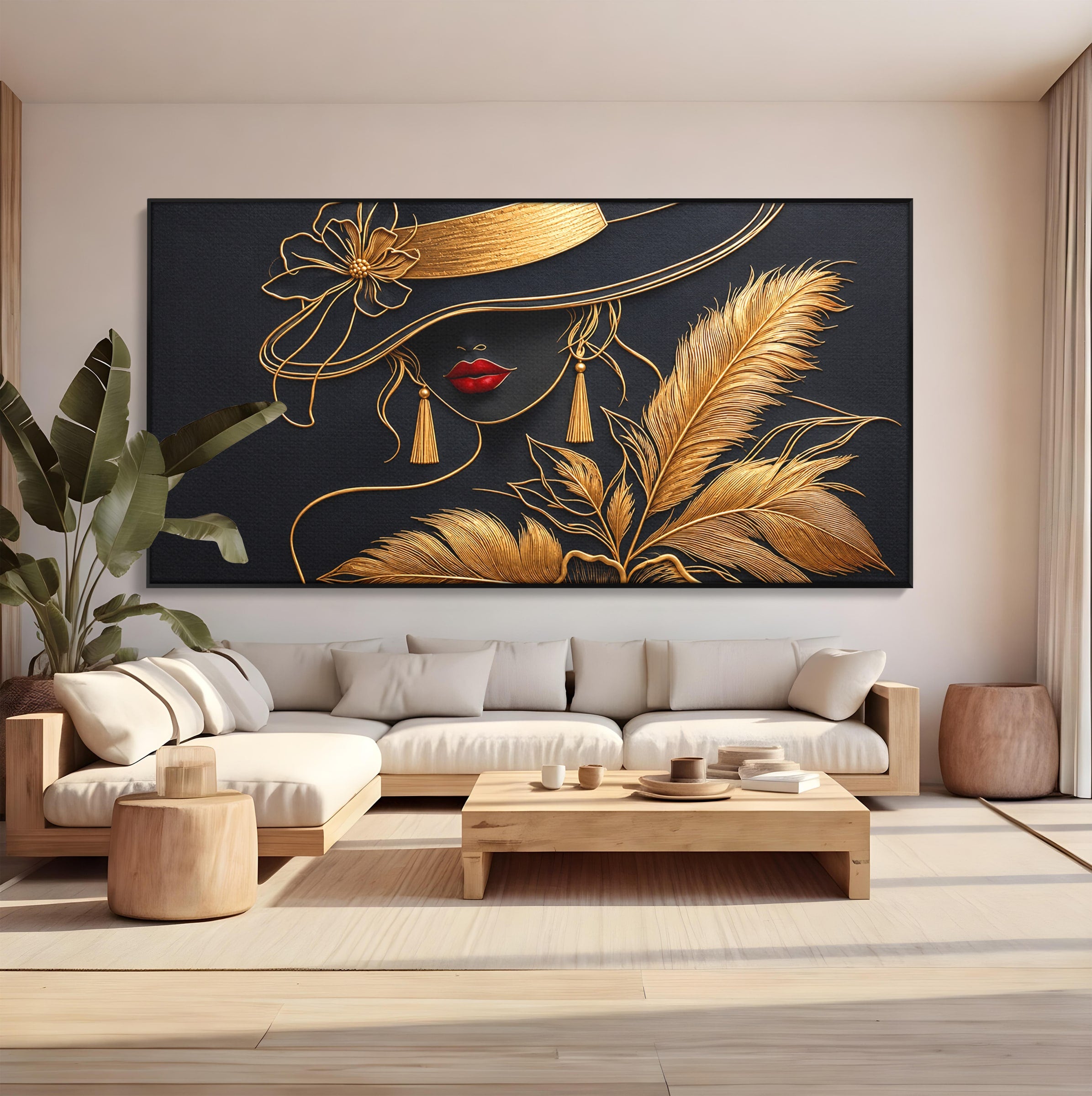 Tablou Canvas Premium LuxCanva® U1229, Misterioasa In Aur, Femeie, Eleganta, Moda, Portret, Dormitor, Birou, Culori Vibrante
