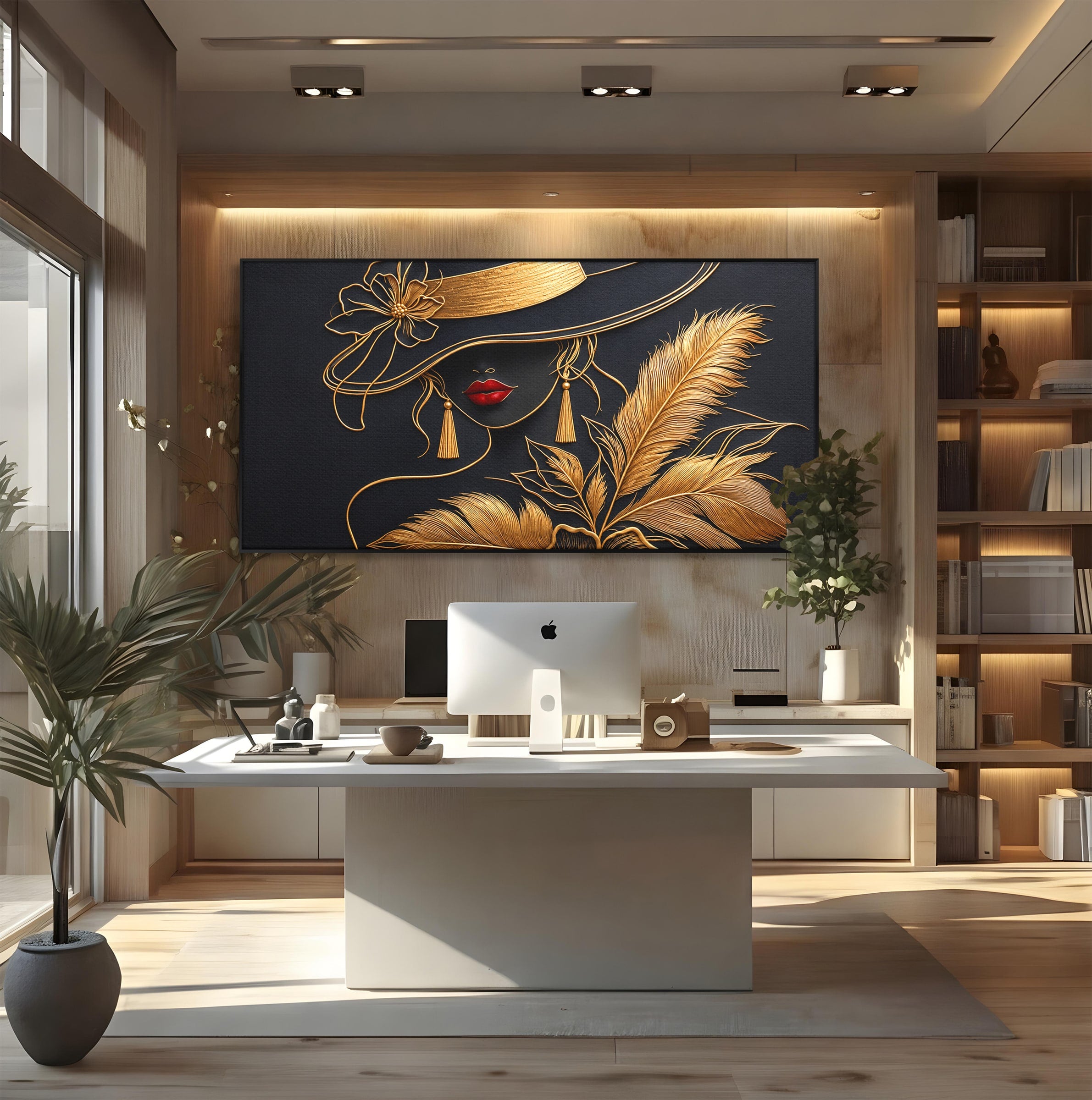 Tablou Canvas Premium LuxCanva® U1229, Misterioasa In Aur, Femeie, Eleganta, Moda, Portret, Dormitor, Birou, Culori Vibrante
