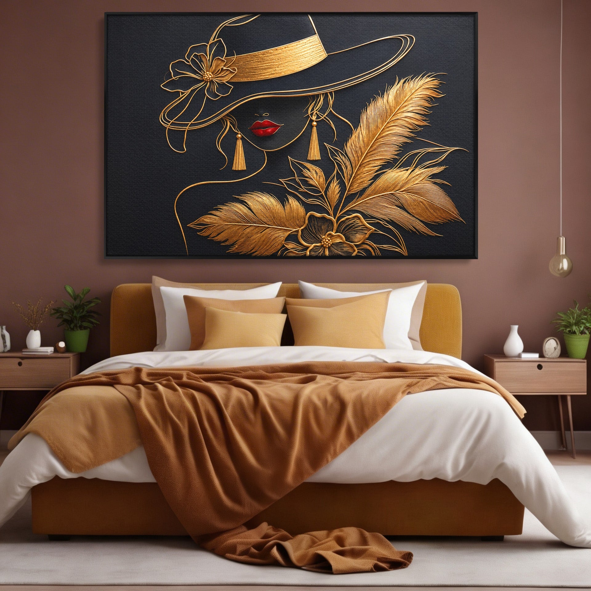 Tablou Canvas Premium LuxCanva® U1229, Misterioasa In Aur, Femeie, Eleganta, Moda, Portret, Dormitor, Birou, Culori Vibrante