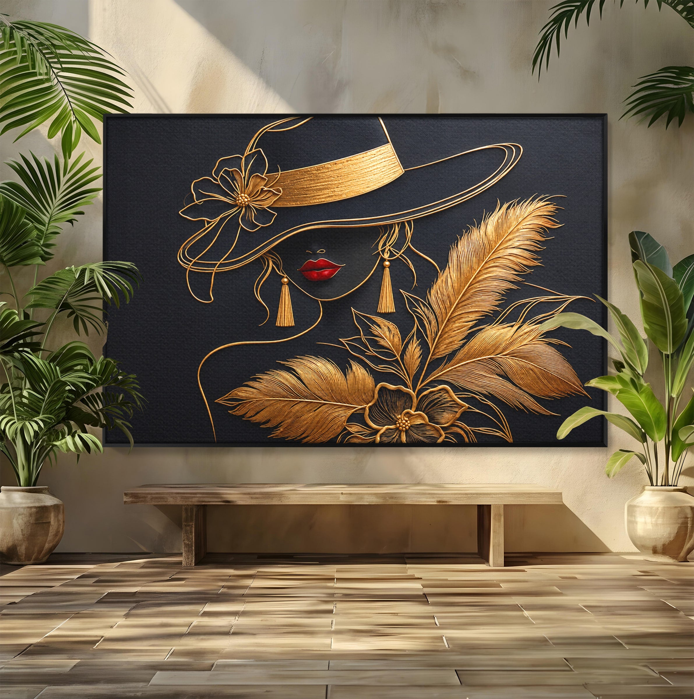 Tablou Canvas Premium LuxCanva® U1229, Misterioasa In Aur, Femeie, Eleganta, Moda, Portret, Dormitor, Birou, Culori Vibrante