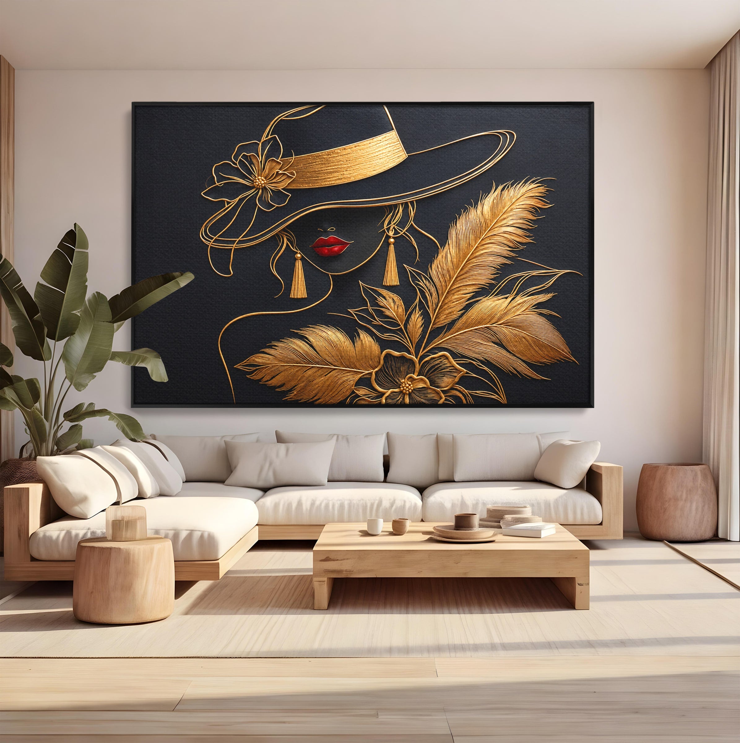 Tablou Canvas Premium LuxCanva® U1229, Misterioasa In Aur, Femeie, Eleganta, Moda, Portret, Dormitor, Birou, Culori Vibrante