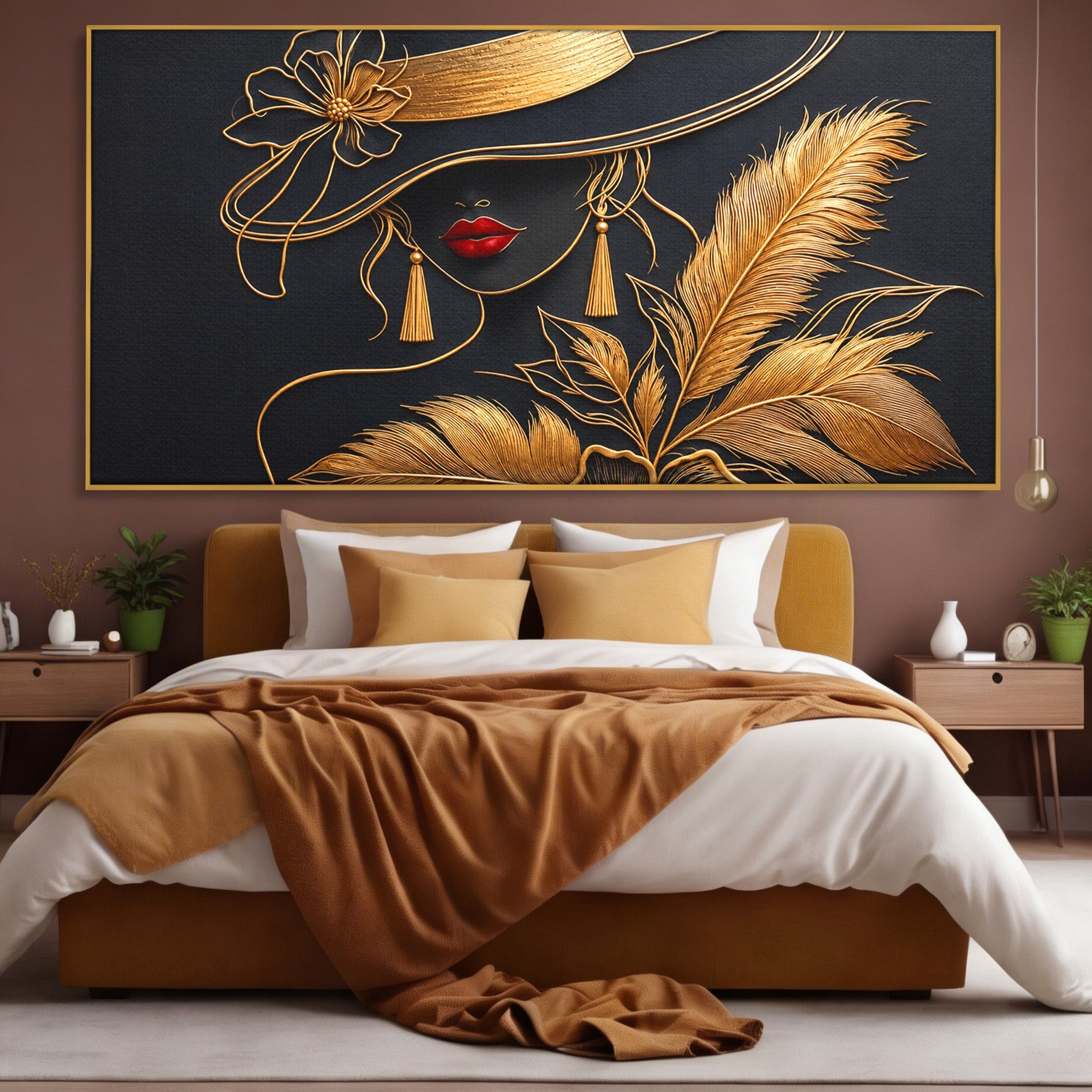 Tablou Canvas Premium LuxCanva® U1229, Misterioasa In Aur, Femeie, Eleganta, Moda, Portret, Dormitor, Birou, Culori Vibrante
